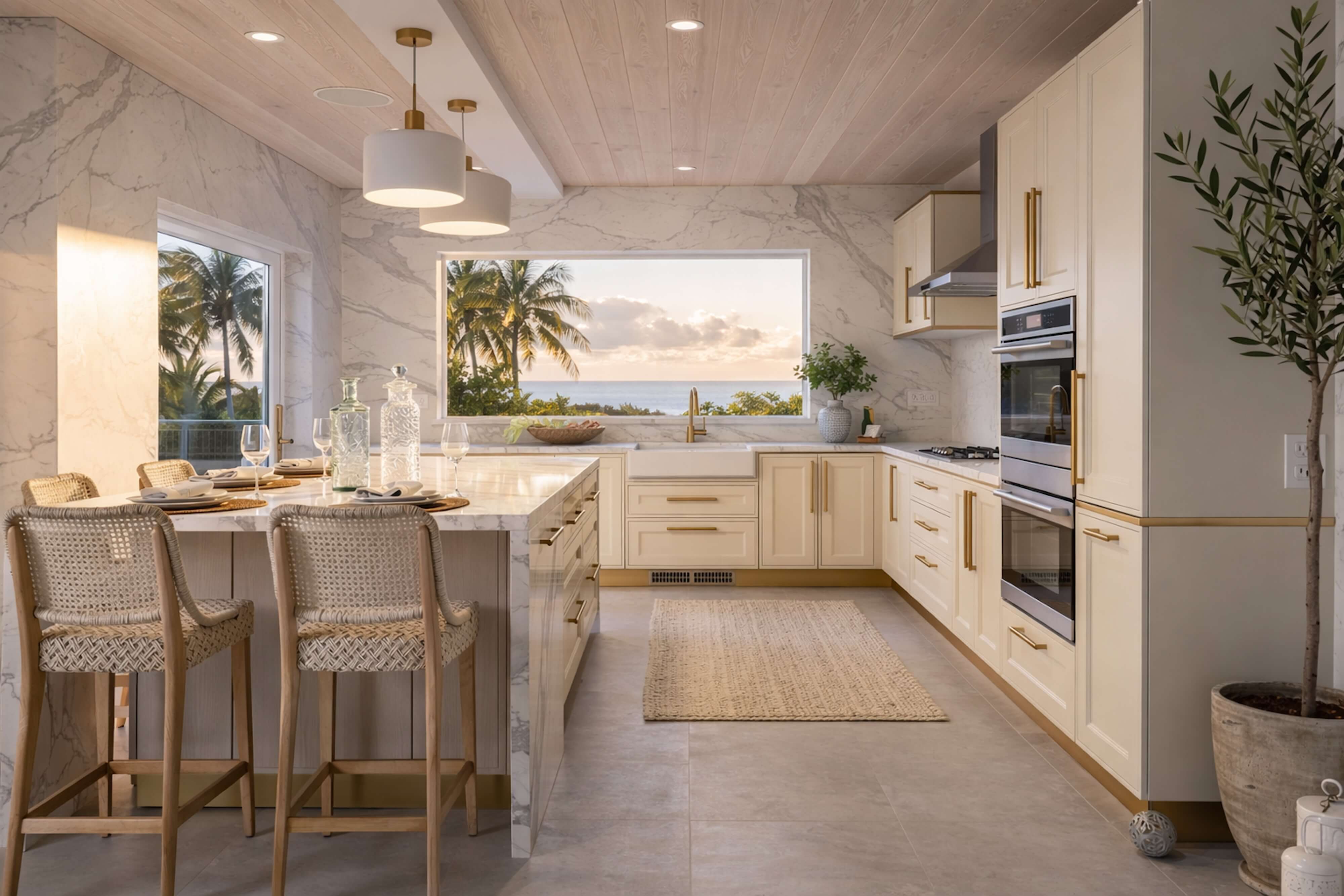 Light-filled kitchen with marble surfaces, woven stools, brass accents, and a serene palm-framed ocean view.