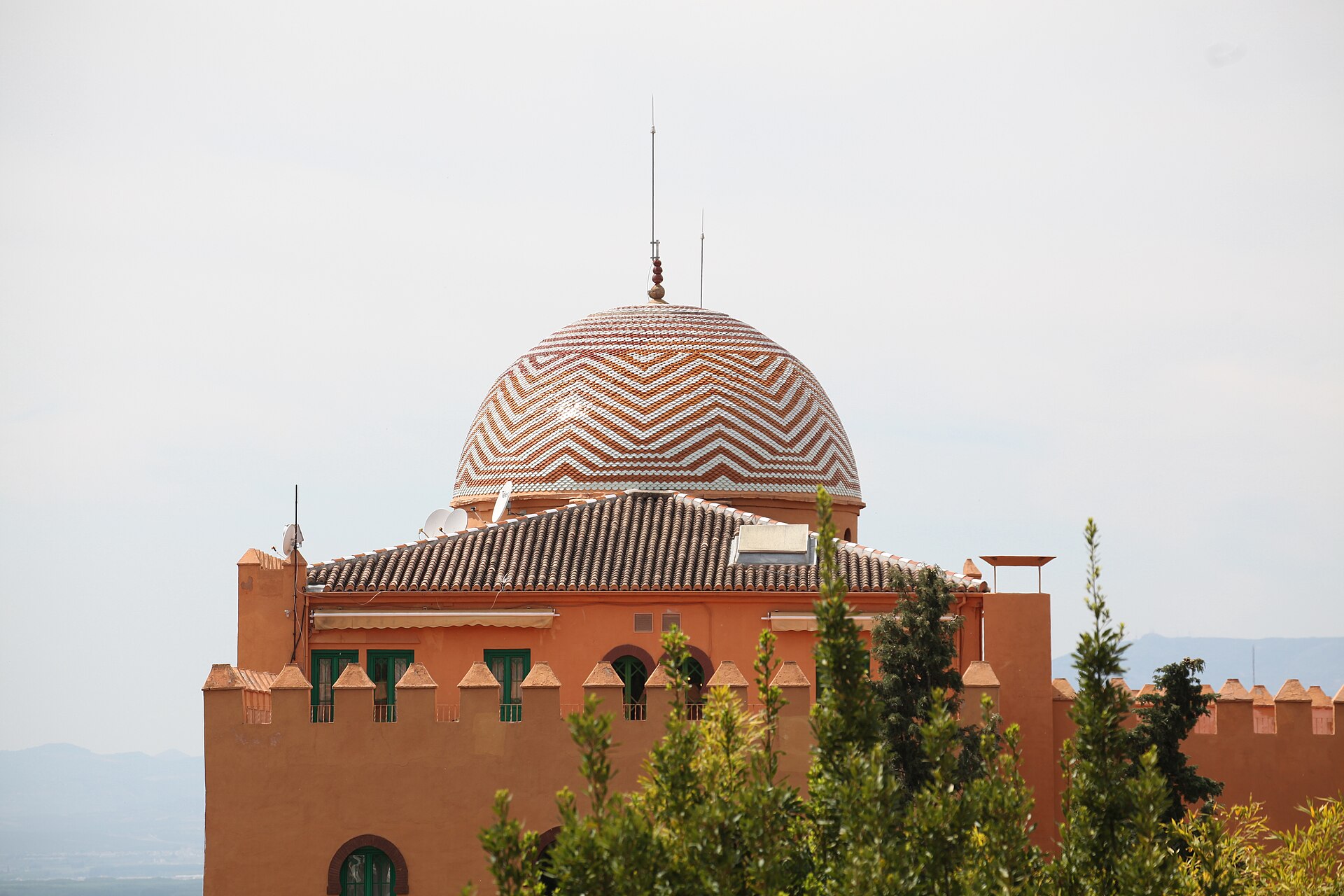 a tree with pink flowers in front of a store