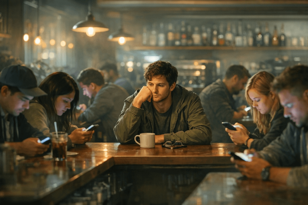 Young man sitting alone looking bored at a crowded bar while everyone around him stares at their phones