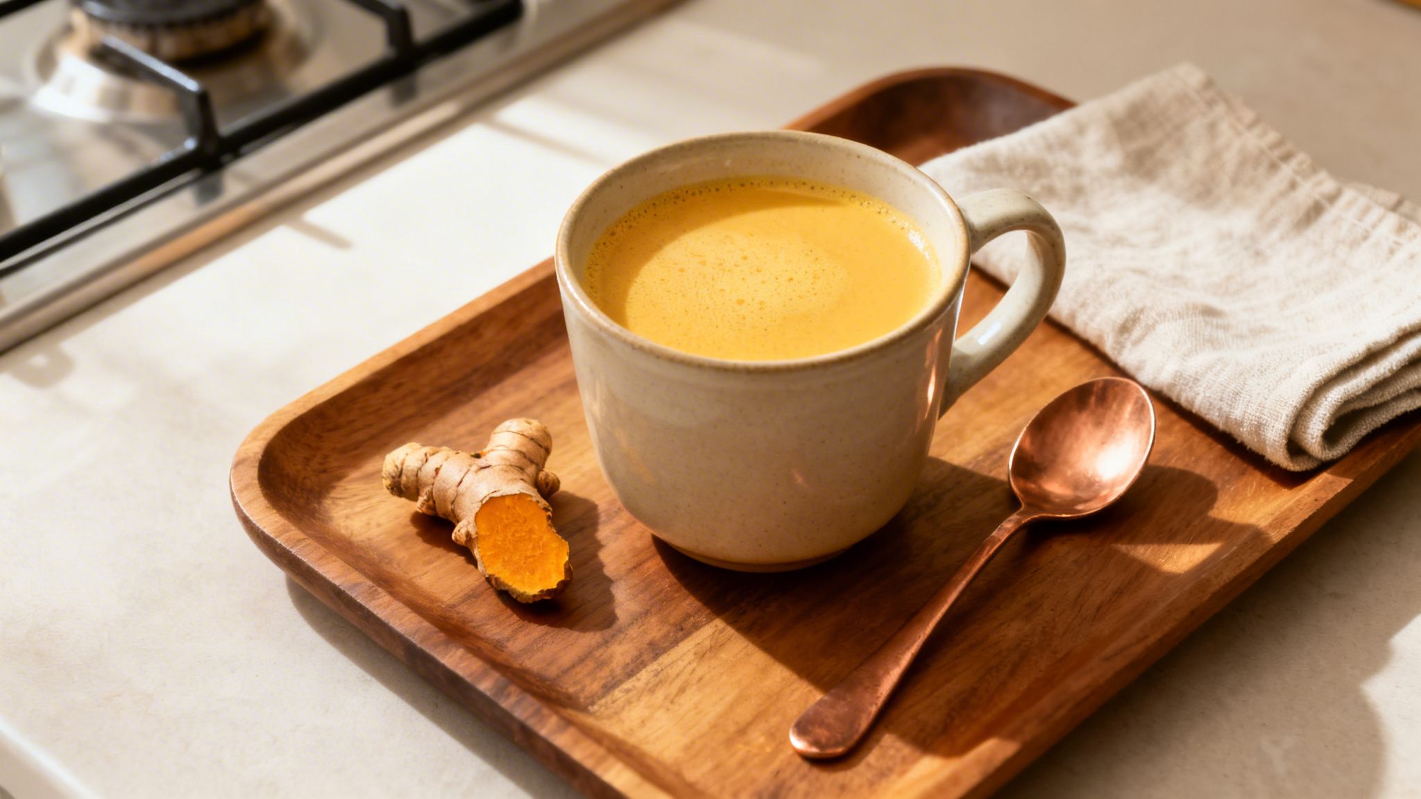 Warm turmeric latte in a ceramic mug on a wooden tray with fresh turmeric root.