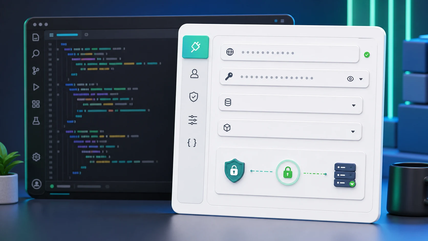 OpenAI-compatible API configuration panel with base URL, key vault, and model selector