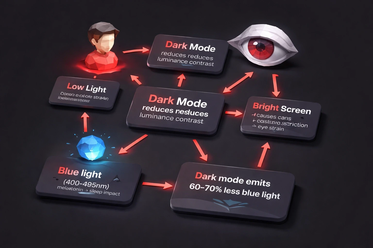 Isometric low‑poly flowchart on a dark background showing how dark mode reduces eye strain and blue‑light effects, with colored nodes, arrows, and faceted characters.