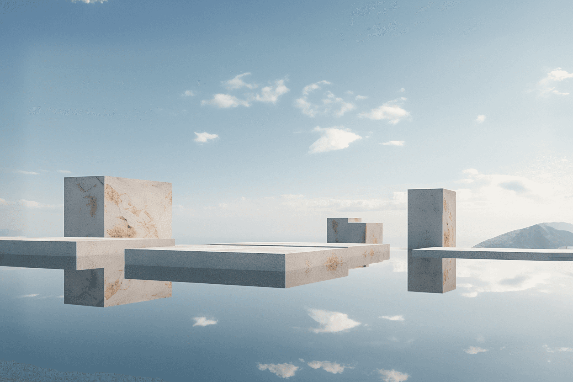 Abstract minimal architecture with floating concrete blocks on a reflective surface under a clear blue sky