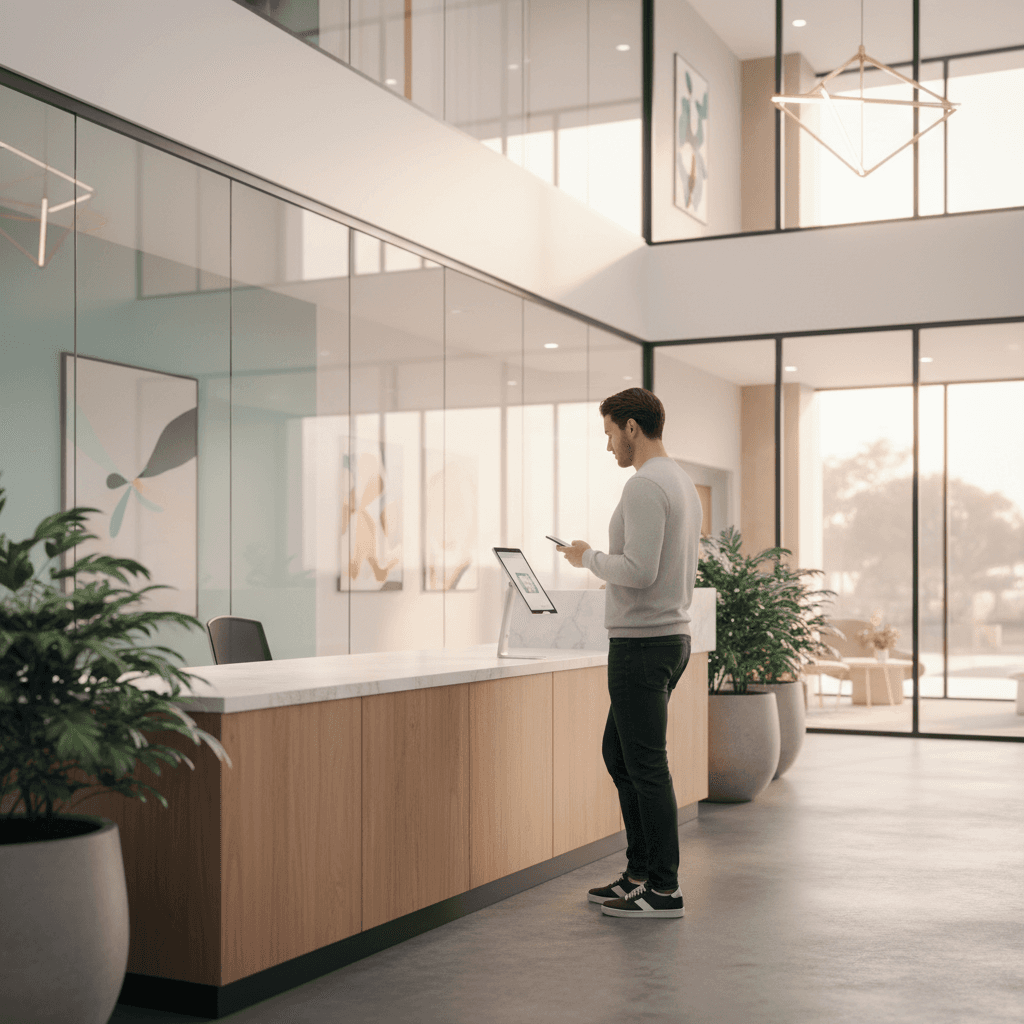 Person steht im Empfangsbereich bereit für den Check-In via der DSGVO-konformes Besuchermanagement Lösung von anny