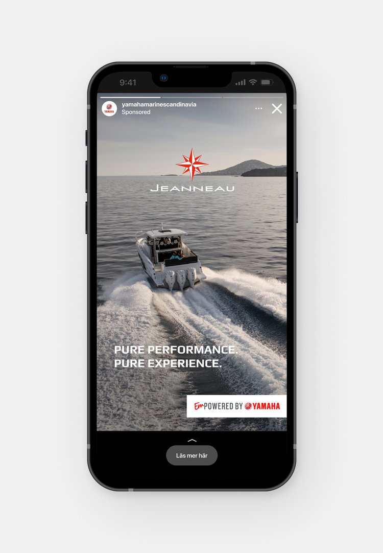 iPhone mockup displaying Instagram Stories of a Yamaha Motors Scandinavia marketing campaign: a boat sailing on the sea from behind.