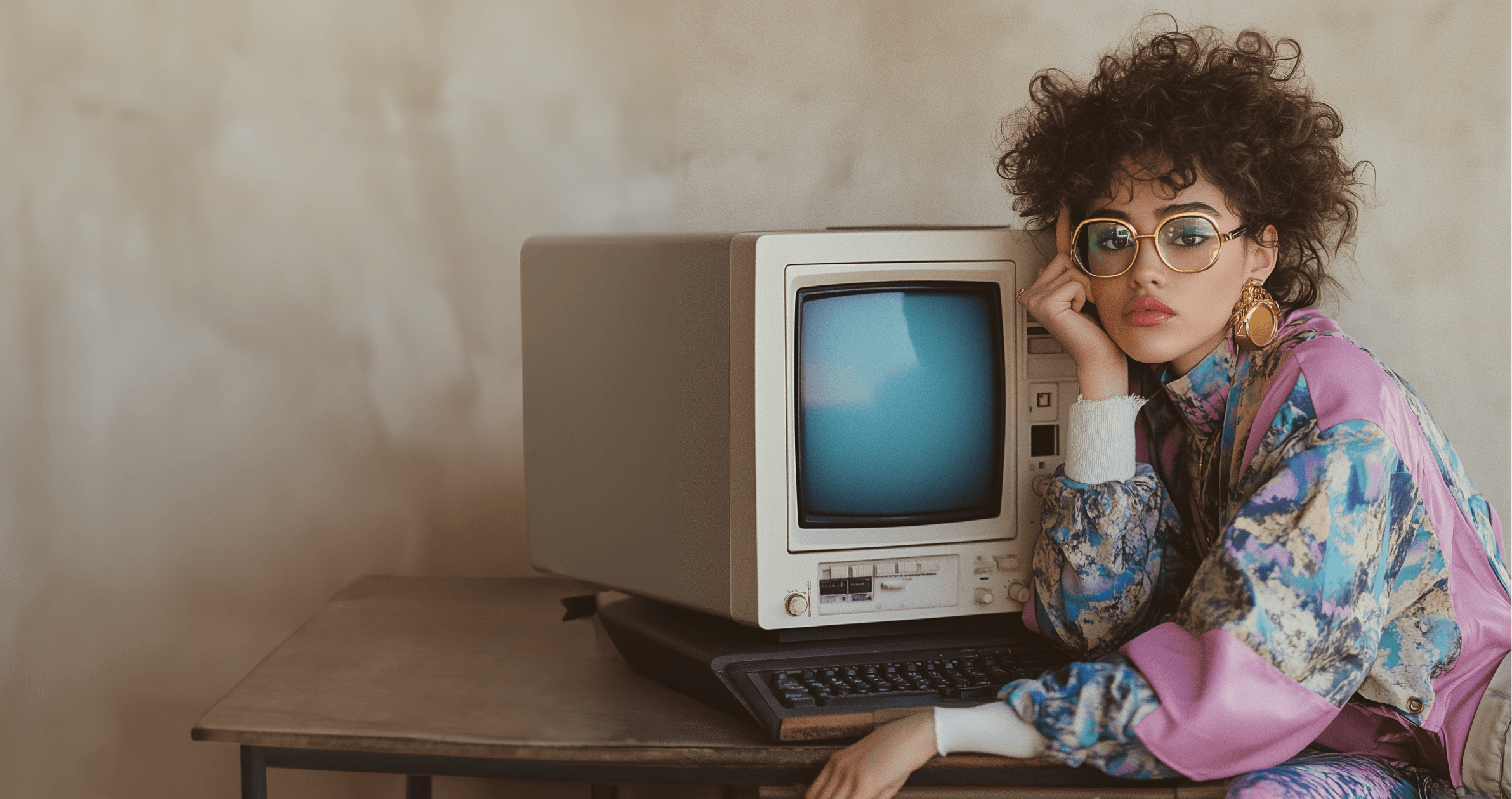 80's woman in tracksuit in front of old computer