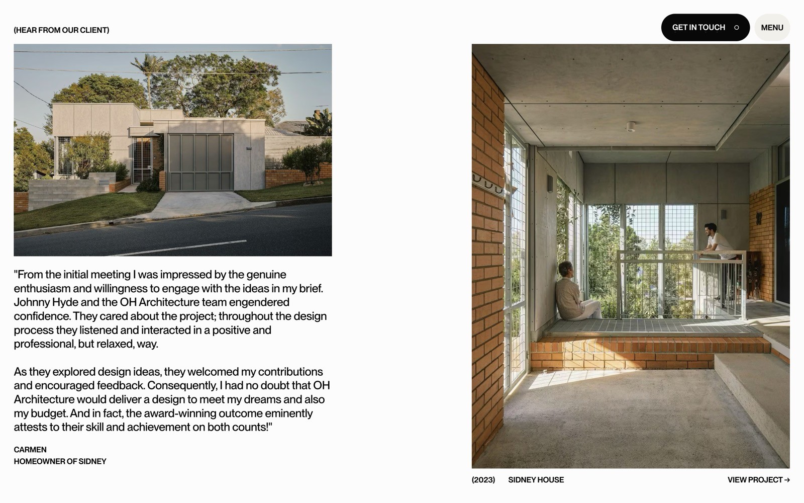 Two people sit on a bench in a modern glass and brick room. Text on the left: client testimonial praising OH Architecture.