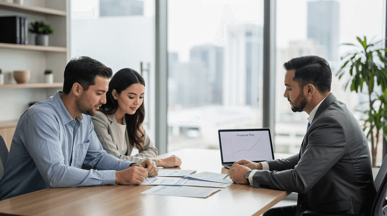 A professional advisor is meeting with a couple in a modern office, reviewing documents related to their investment properties and discussing strategies to defer capital gains taxes through a 1031 exchange. The atmosphere is focused and collaborative, as they explore potential replacement properties and tax deferral benefits.