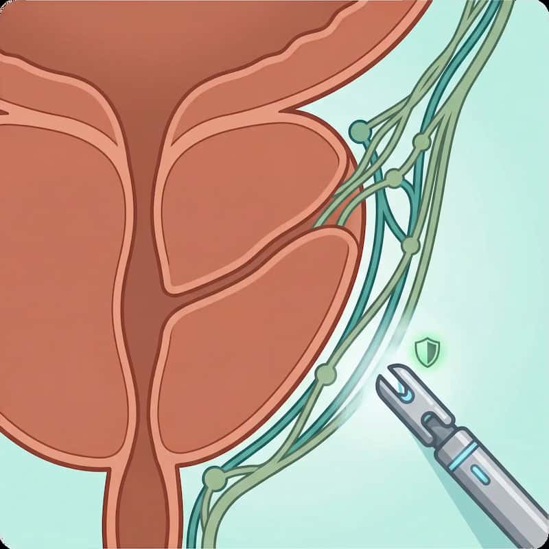 प्रोस्टेट ग्रंथि और नाजुक न्यूरोवैस्कुलर बंडल्स (NVBs - न्यूरोवैस्कुलर बंडल्स) को दर्शाने वाला 3D स्केमेटिक आइकन। एक robotic surgical इंस्ट्रूमेंट नर्मता से बंडल्स को अलग करने के लिए स्थित है, जो nerve-sparing radical prostatectomy (नसों की सुरक्षा के लिए उदार प्रोस्टेट सर्जरी) के प्रतीक के रूप में कार्य करता है।