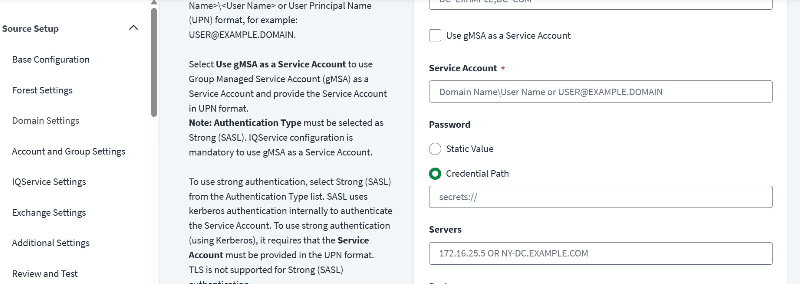 Credential path configuration for the Active Directory service account password.