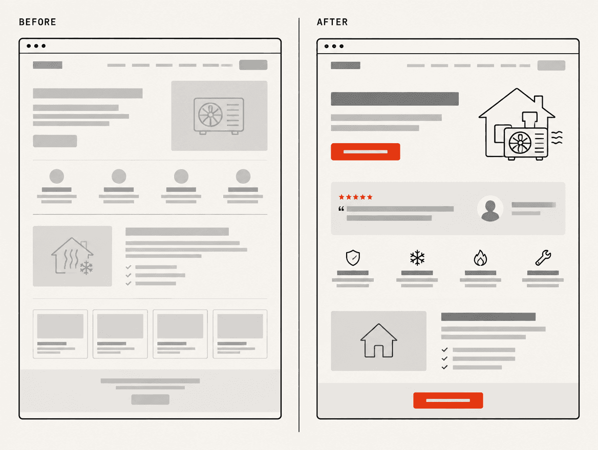 Before-and-after wireframe: a cluttered generic services page next to a clear, specific rewrite with one accent call-to-action.
