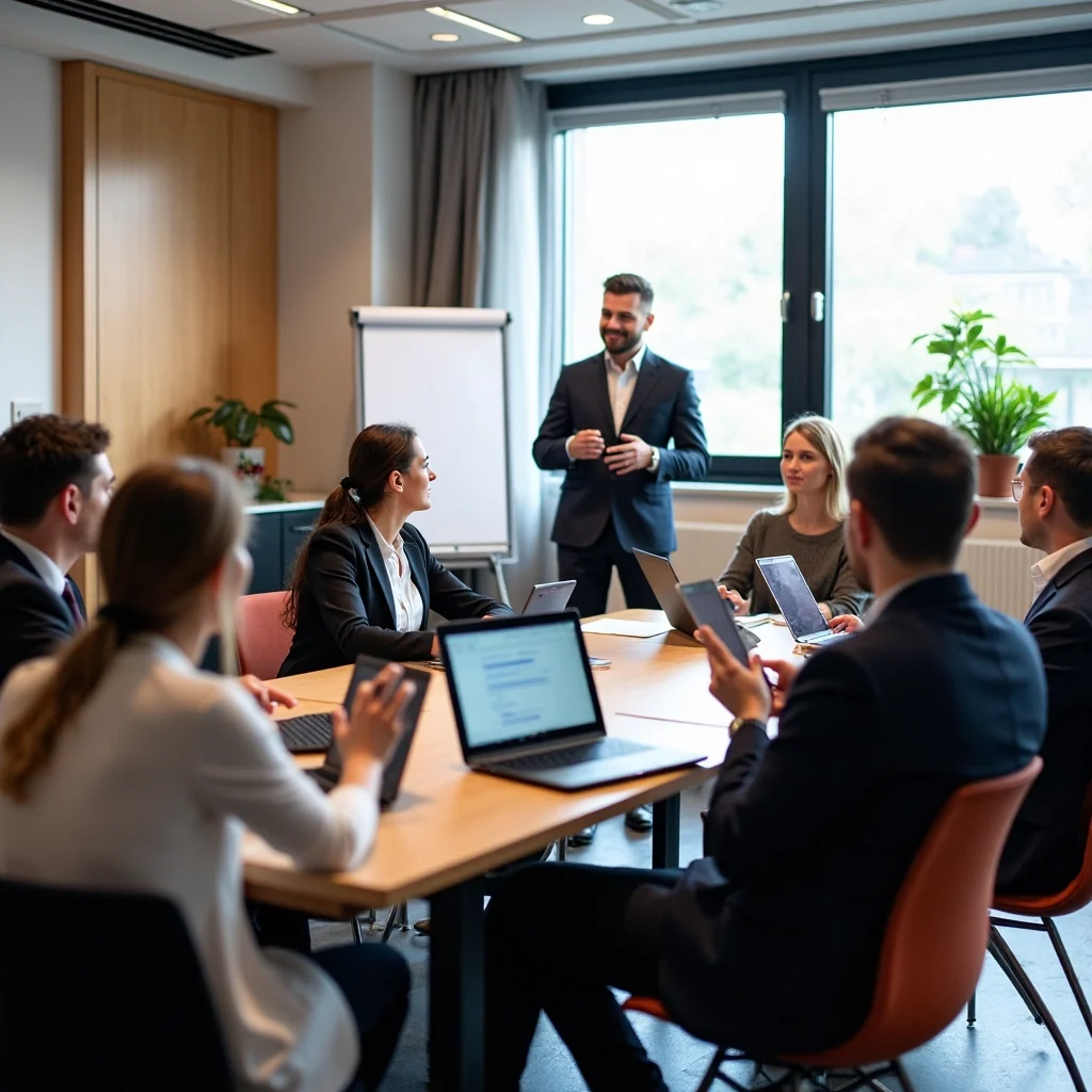 Un groupe assis en arc de cercle dans une salle de formation contemporaine. Une personne parle, les autres prennent des notes ou hochent la tête.