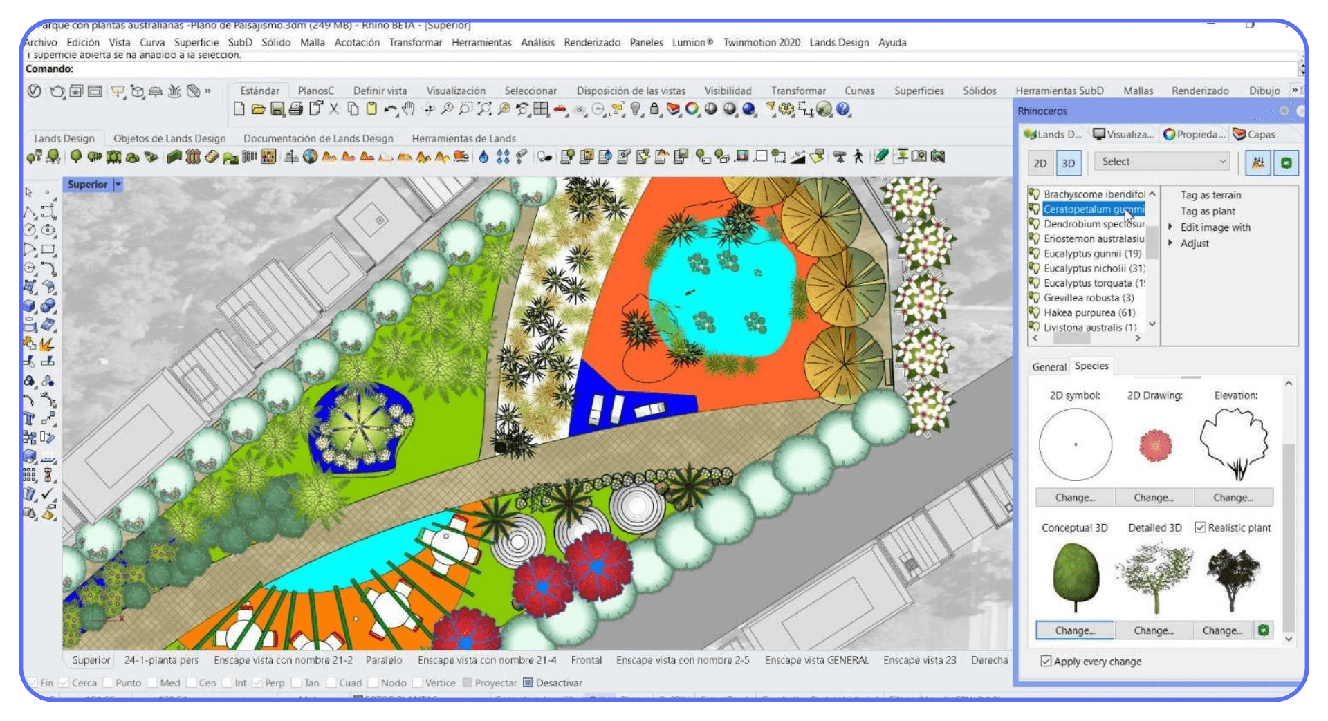 Landscape design plan created in Rhino 3D showing planting layout, water features, and site paths