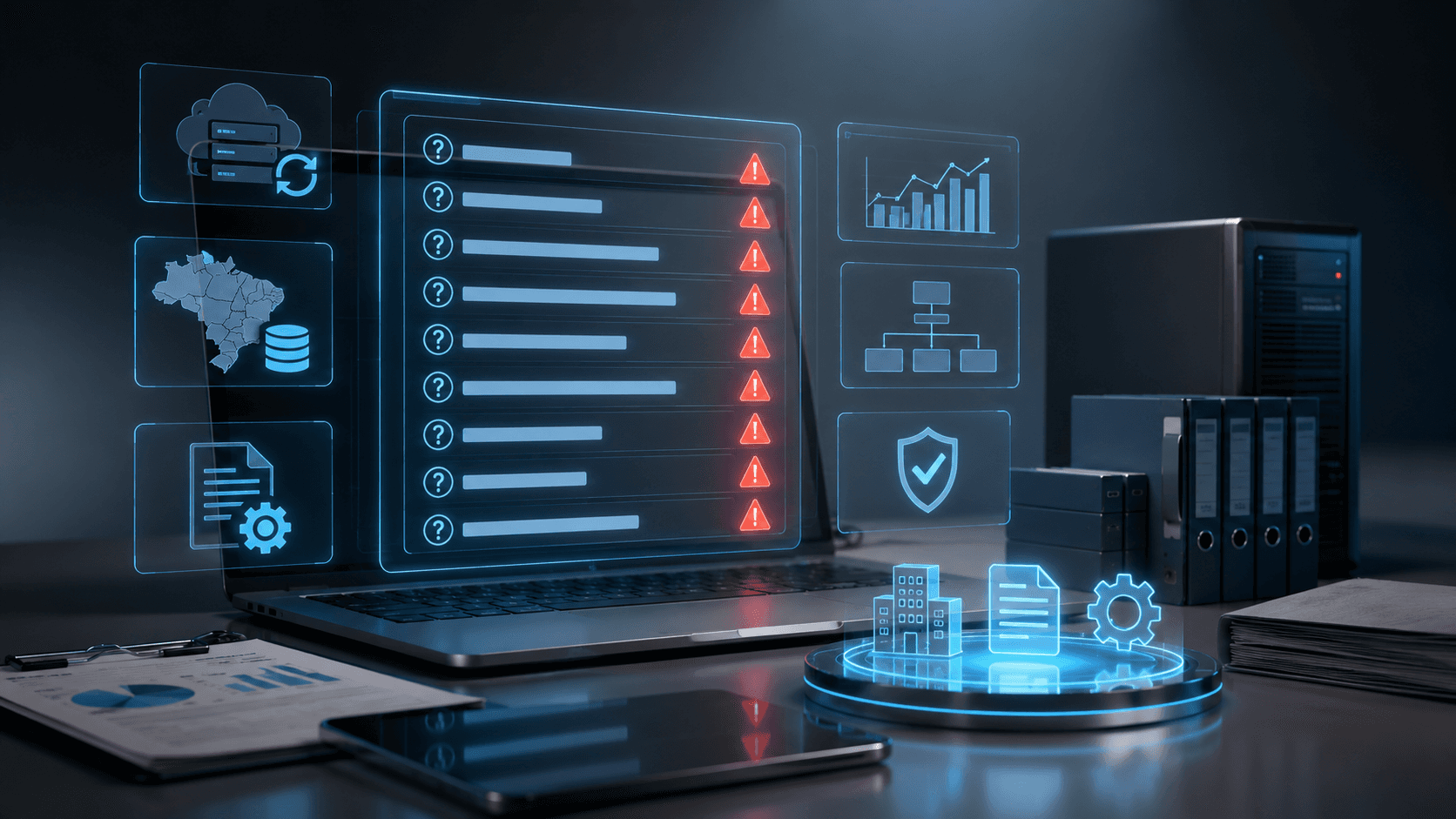 Ilustração 3D realista em formato 16:9 mostrando uma estação de trabalho corporativa moderna. No centro, um notebook exibe um painel digital holográfico com uma lista de verificação composta por vários itens acompanhados de ícones de alerta vermelhos. Ao redor, aparecem painéis flutuantes com símbolos relacionados a integração de sistemas, banco de dados, mapa do Brasil, documentos, automação, organogramas, segurança e análise de dados. Sobre a mesa há relatórios impressos, dispositivos eletrônicos e pastas de arquivos. O ambiente tem iluminação azulada, visual tecnológico e foco em auditoria, conformidade, integração empresarial e avaliação de plataformas de software.