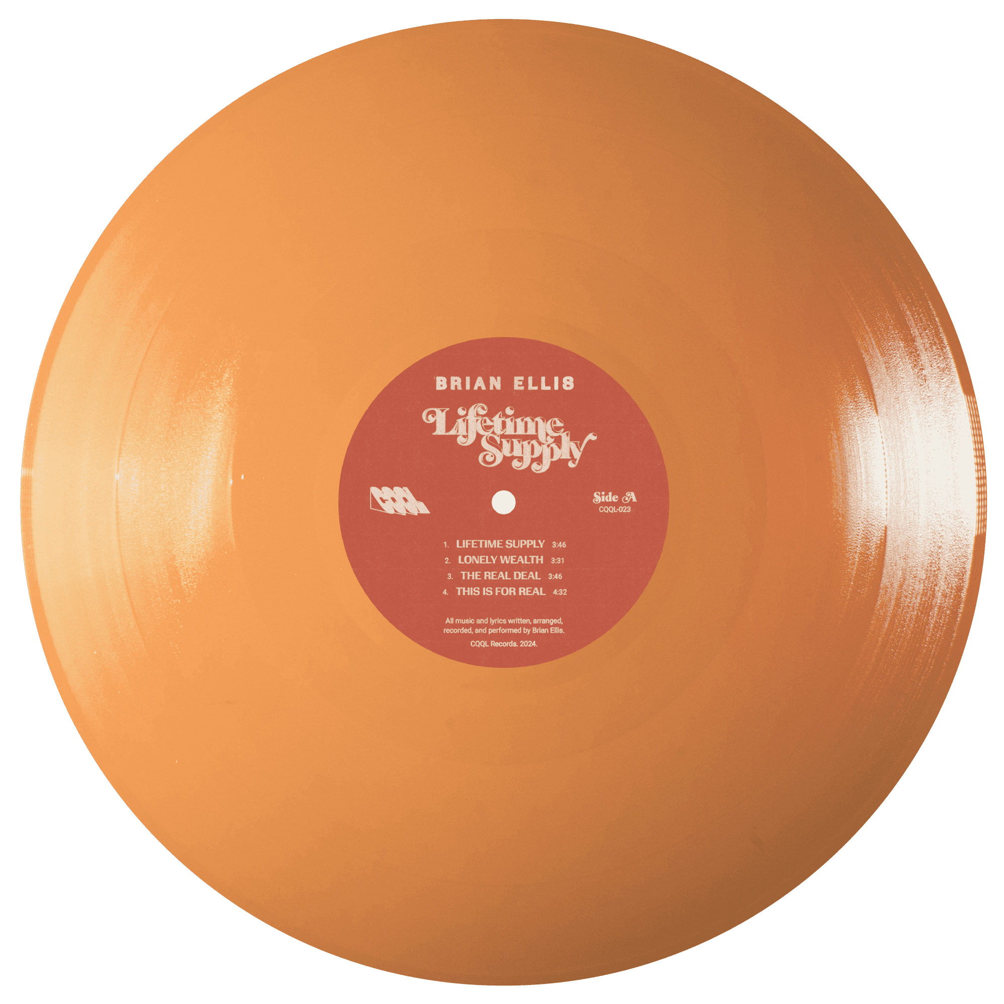 Peach-colored vinyl record with a label on a white background