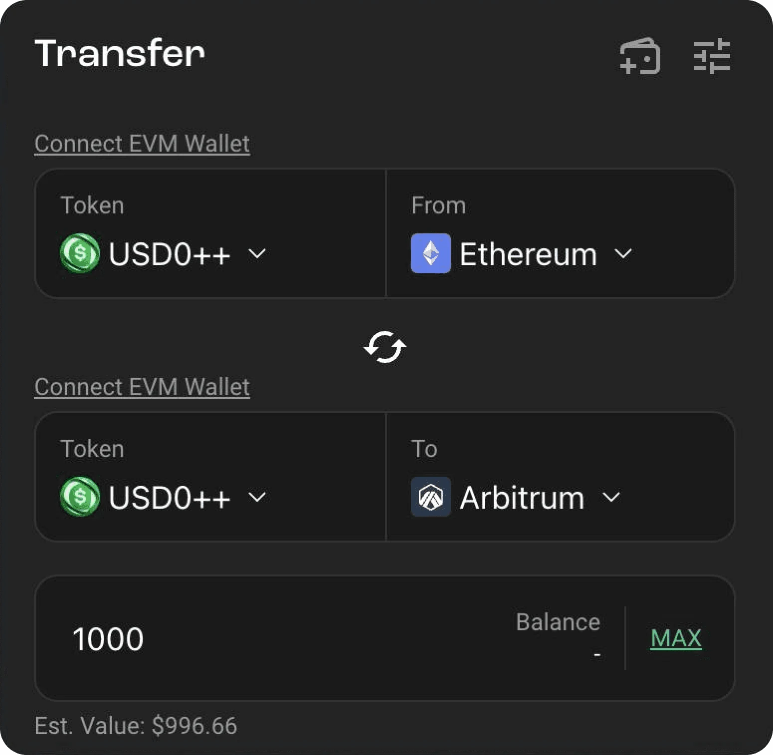 Stargate transfer interface bridging USDC0++ from Ethereum to Arbitrum with amount input