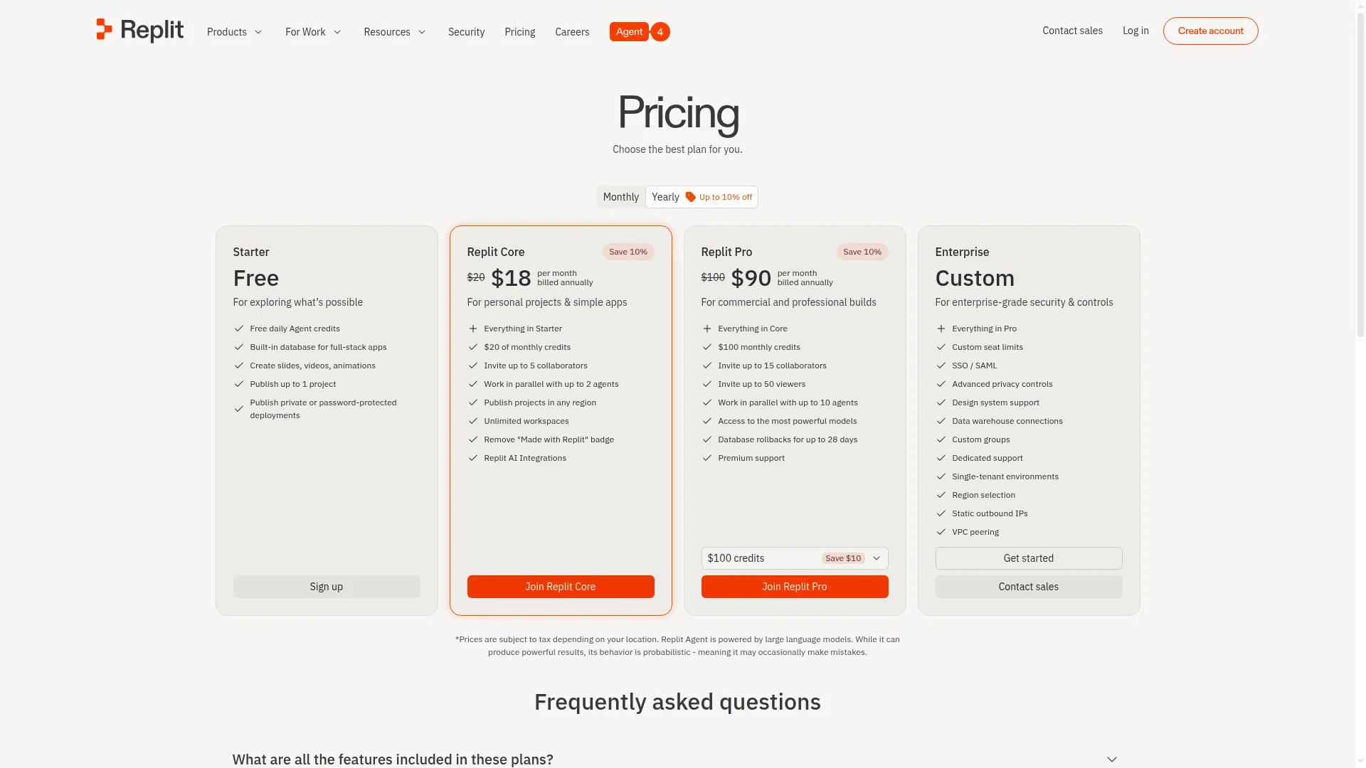 Replit 2026 pricing page showing Starter, Core, Pro, and Enterprise plans with monthly credits