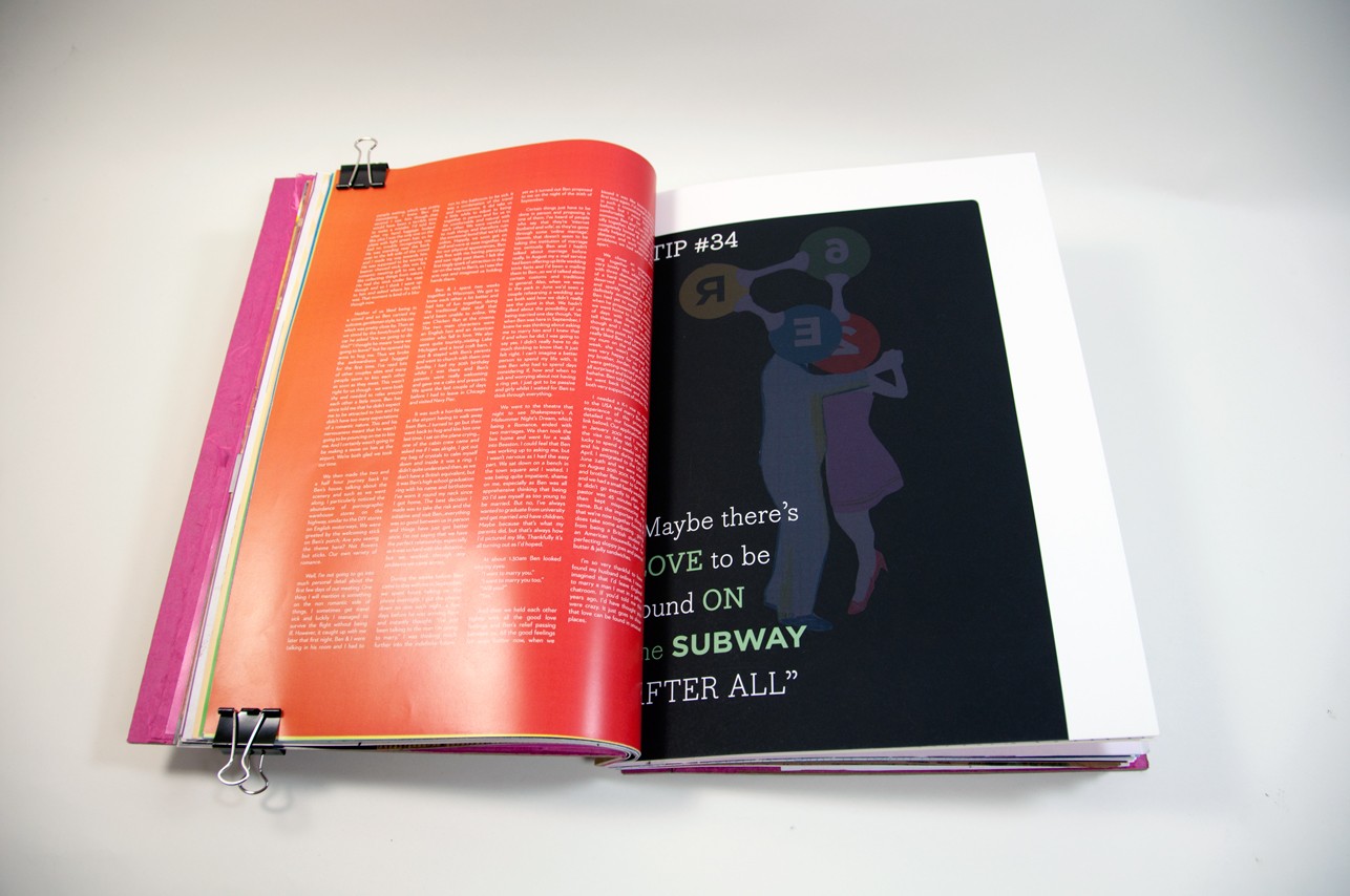 an opened book with text on an orange background on the left and a dimmed illustration on the right