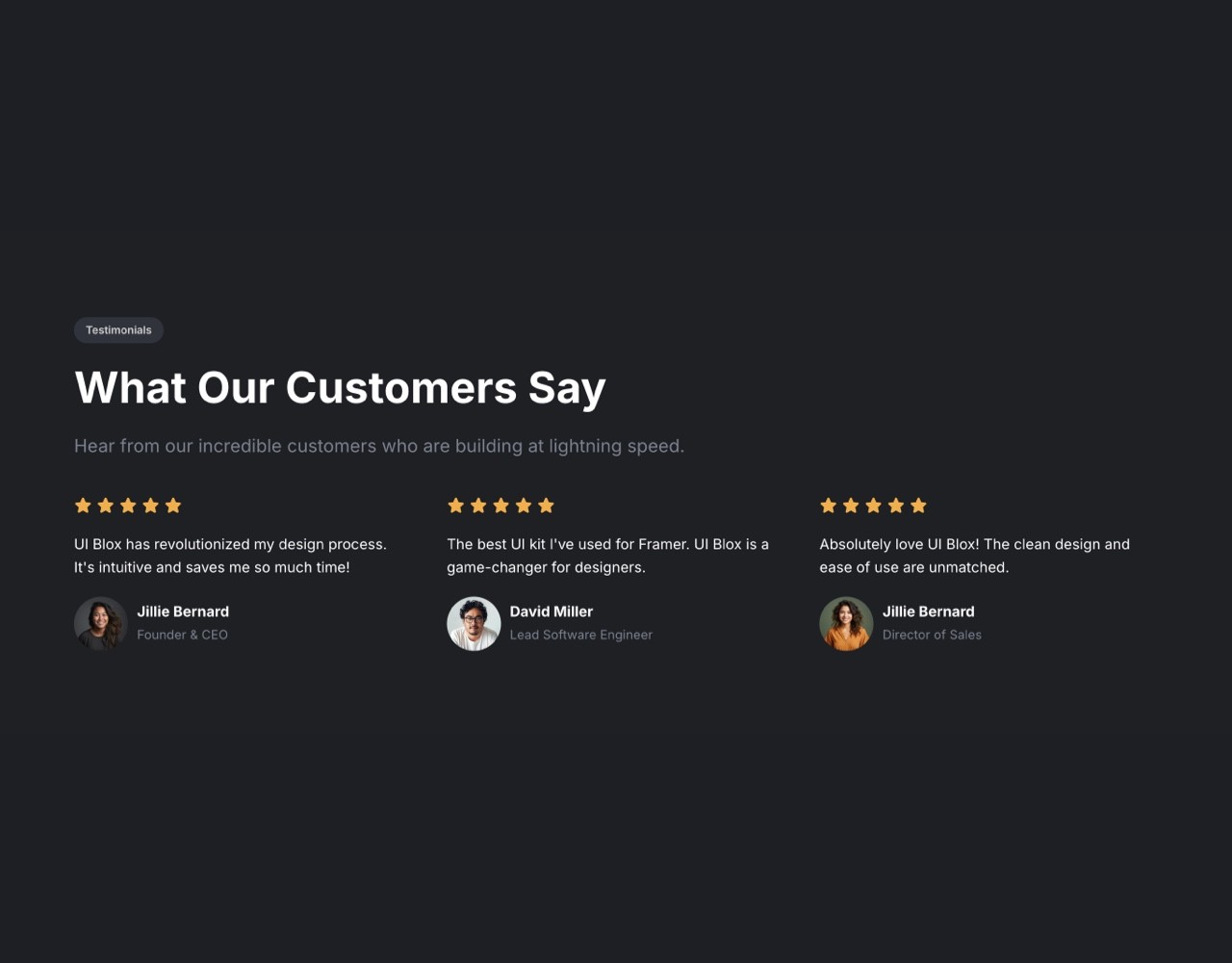 Framer Dark Testimonials Section - Frameblox UI