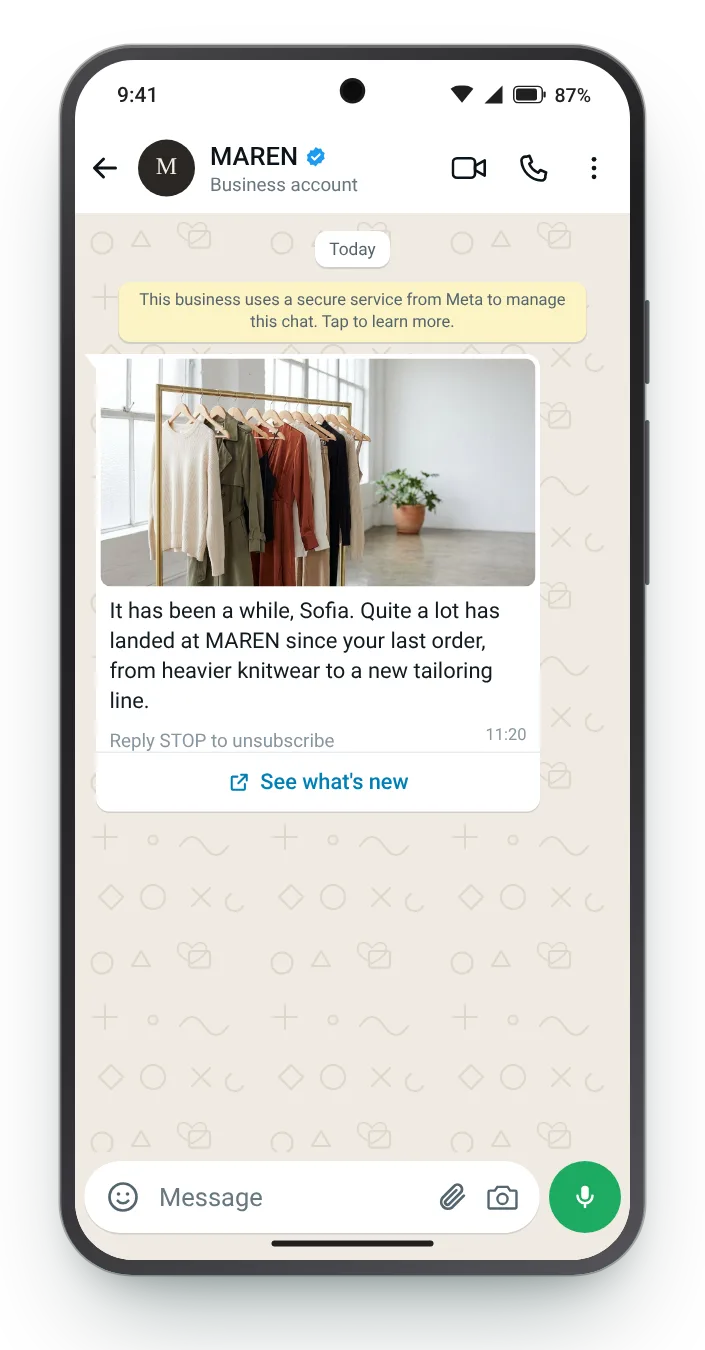 Show what arrived since their last order: WhatsApp win-back message on an Android phone