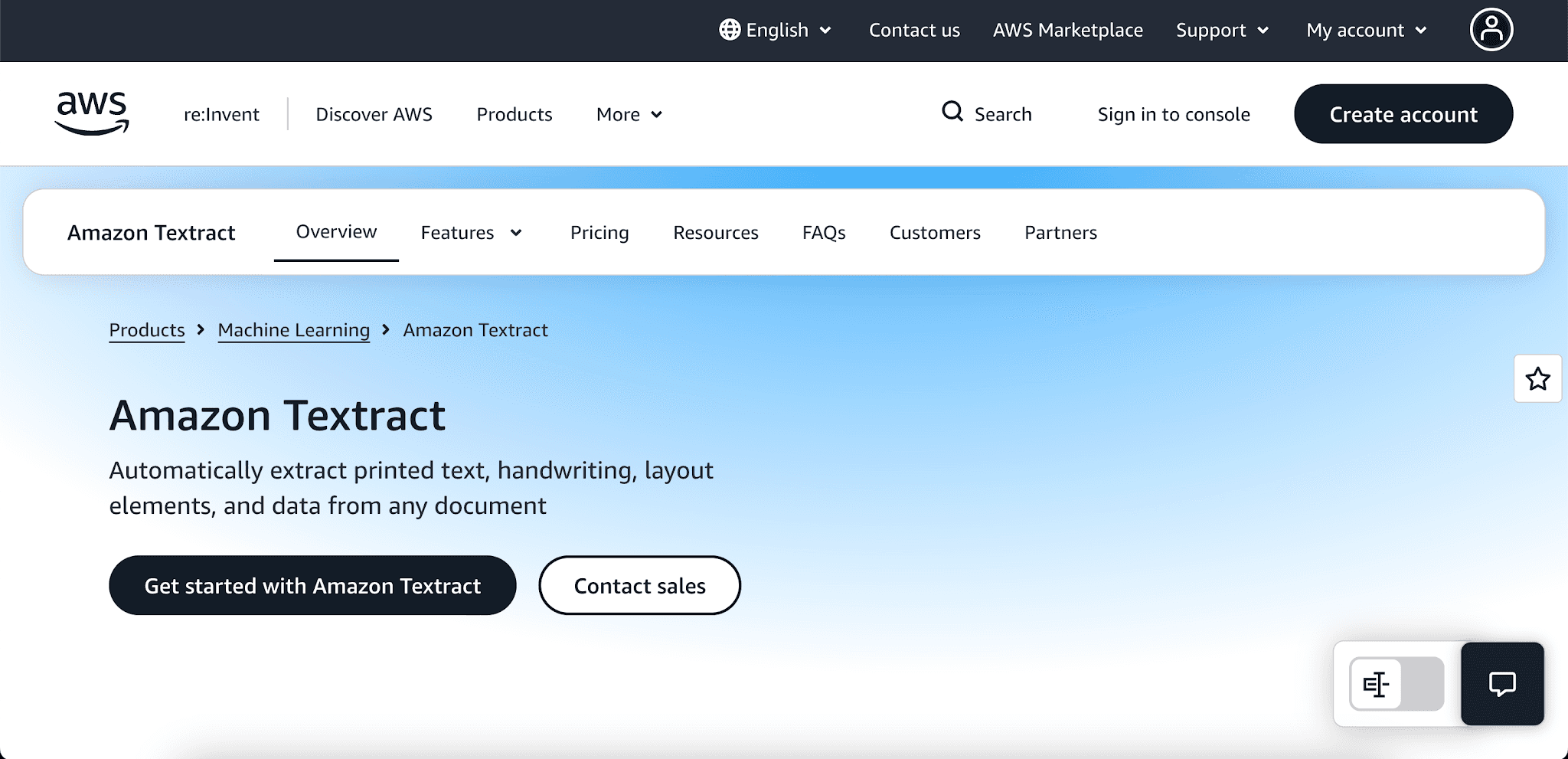 AWS Textract webpage