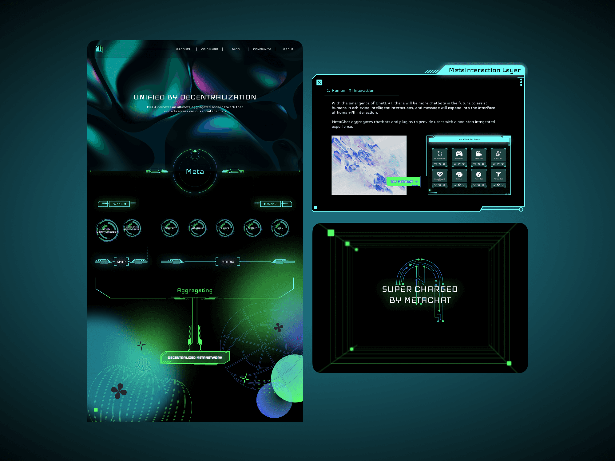 Landing page design for MetaChat by VaporAviator, showcasing real-time communication features and streamlined user experience tailored for community-driven platforms.