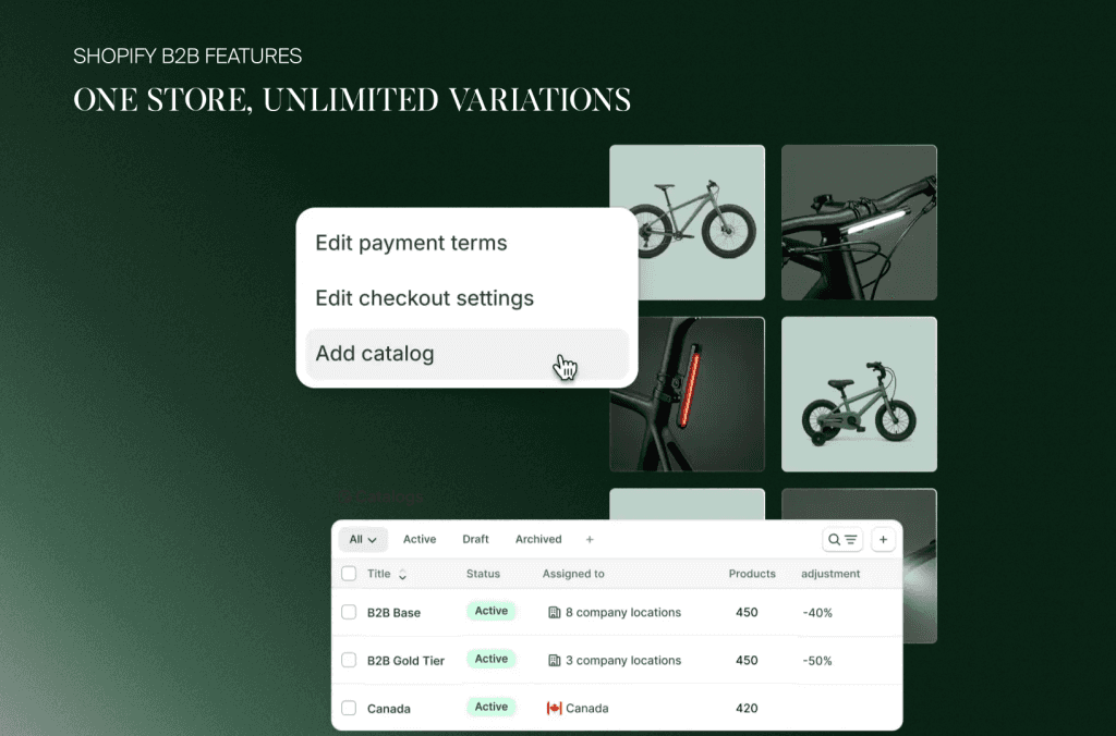B2B-Katalogeinstellungen in Shopify mit Zahlungsbedingungen, Fahrradfotos und Katalogen je Unternehmensstandort