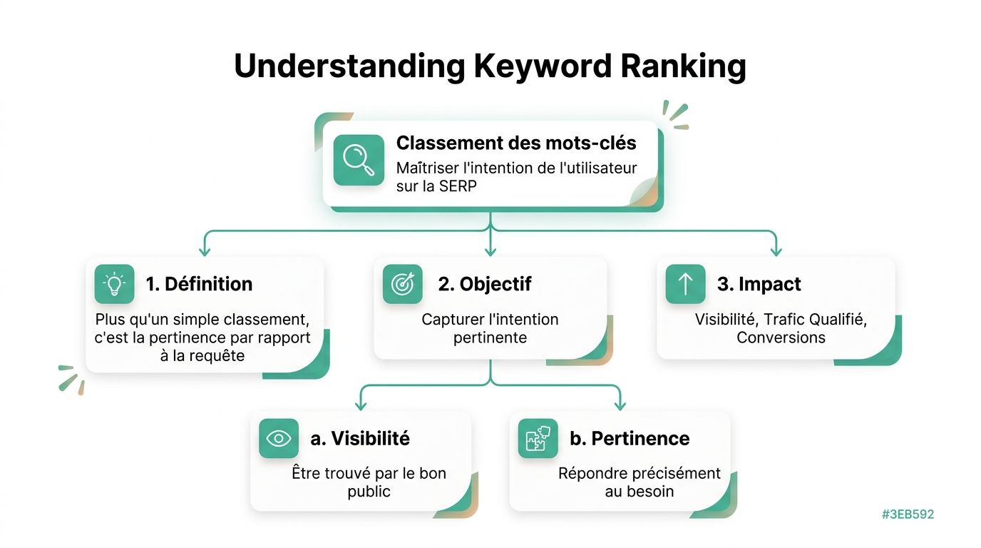 Schéma explicatif illustrant le fonctionnement et les objectifs du classement des mots-clés dans les résultats de recherche.