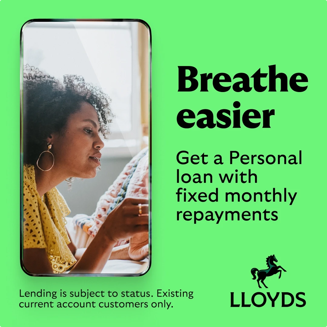 Lloyds Bank personal loan social media ad showing focused woman in yellow top using smartphone framed within phone graphic, 'Breathe easier' headline promoting fixed monthly repayment personal loans on bright green background with black Lloyds horse logo