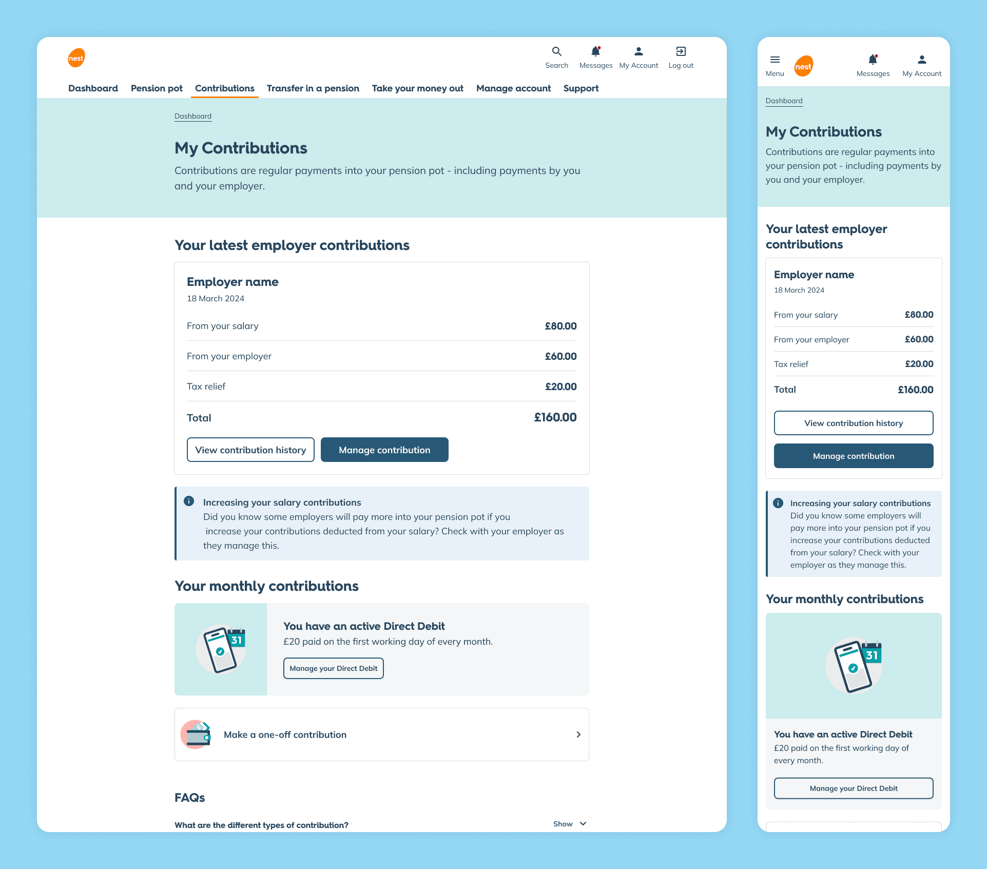 Contributions overview with latest employer payments and monthly contribution details