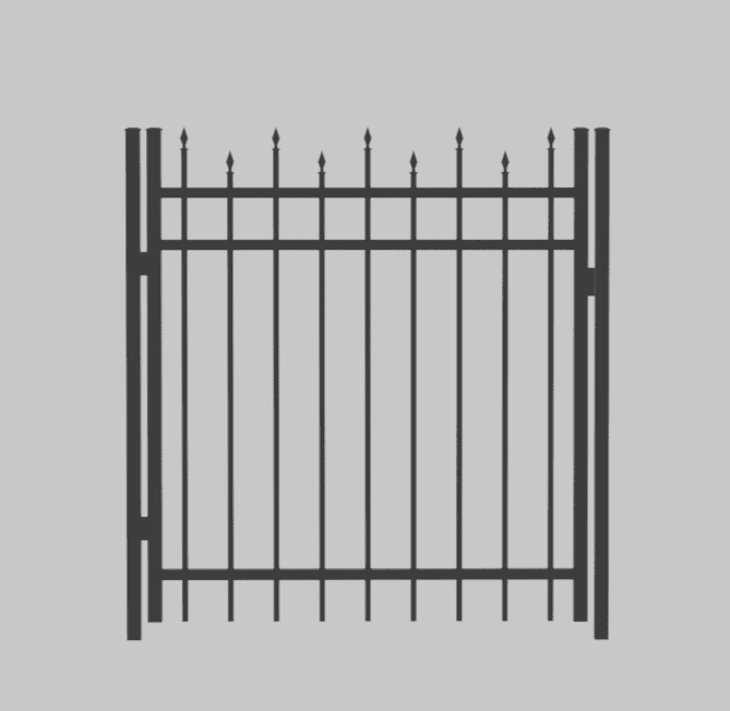 Black-and-white illustration of a straight aluminum walk gate with staggered spear-top pickets.
