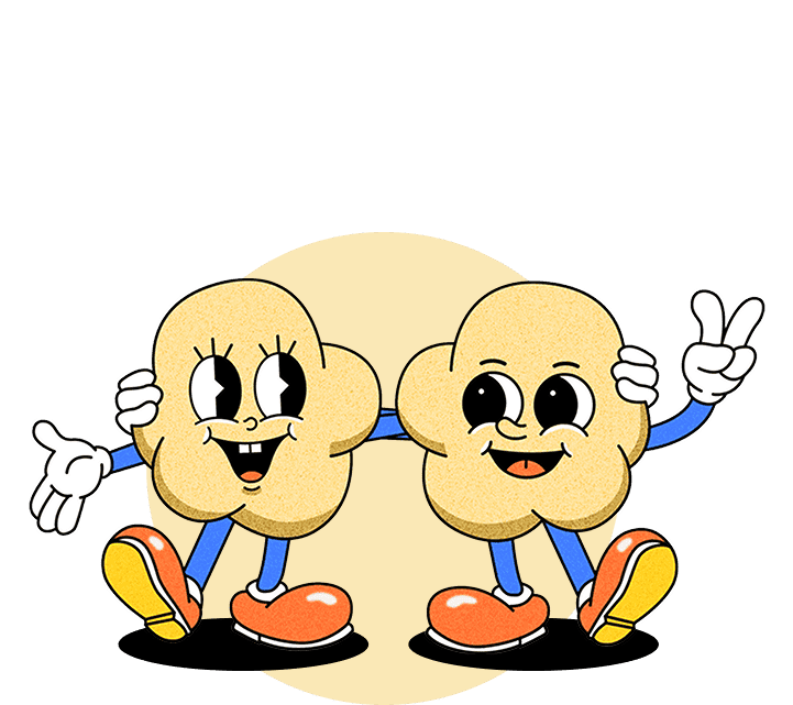 Deux PopHeadz complices et souriants, personnages issus de l'univers de PopCorn Garage.