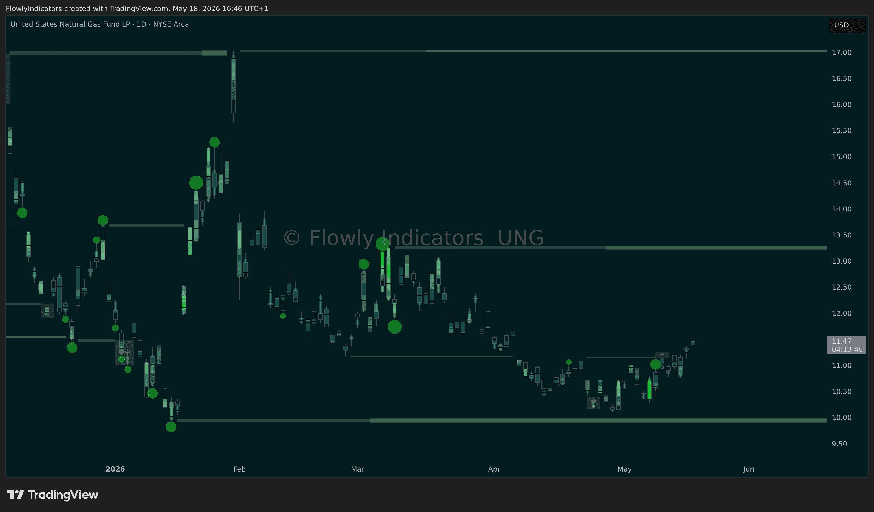 Trading chart of Natural Gas (UNG) showing recent liquidity levels, liquidations and unusual volume patterns.