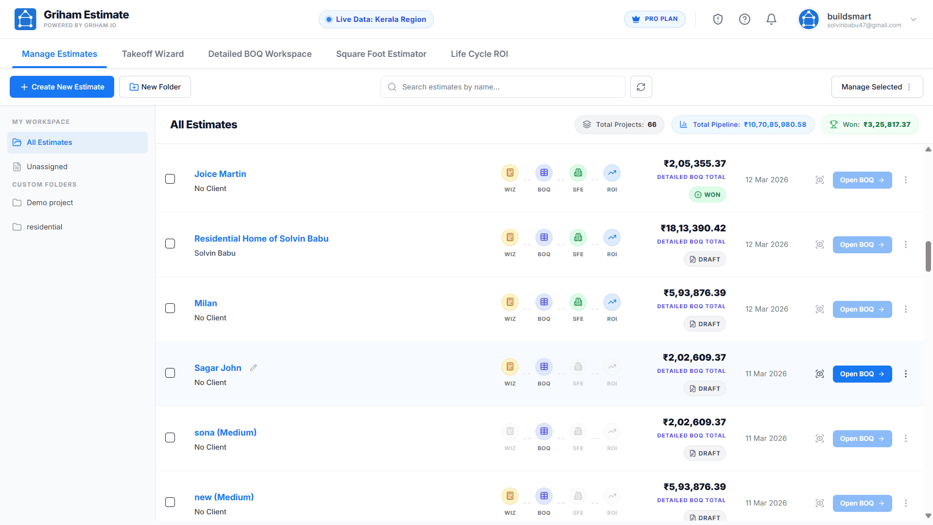 Griham construction takeoff wizard dashboard showing material quantities