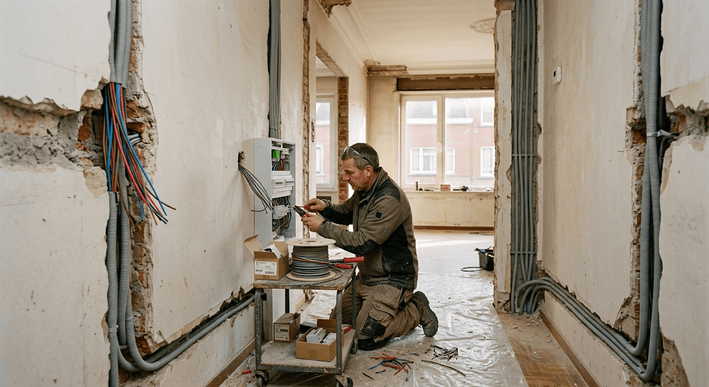 Travaux de mise aux normes électriques dans un appartement en rénovation.