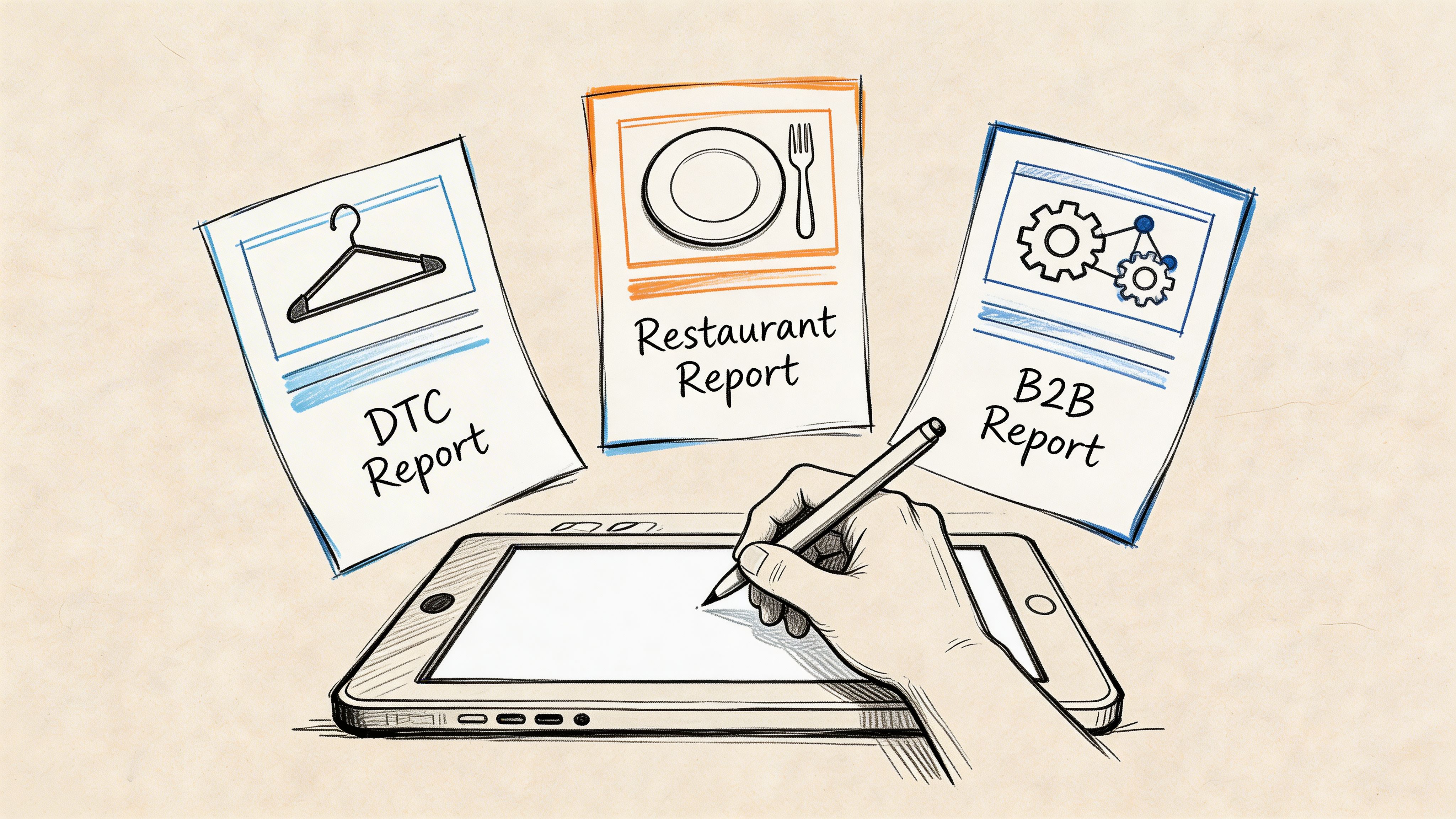 A hand using a digital pen on a tablet to create DTC, restaurant, and B2B marketing reports.