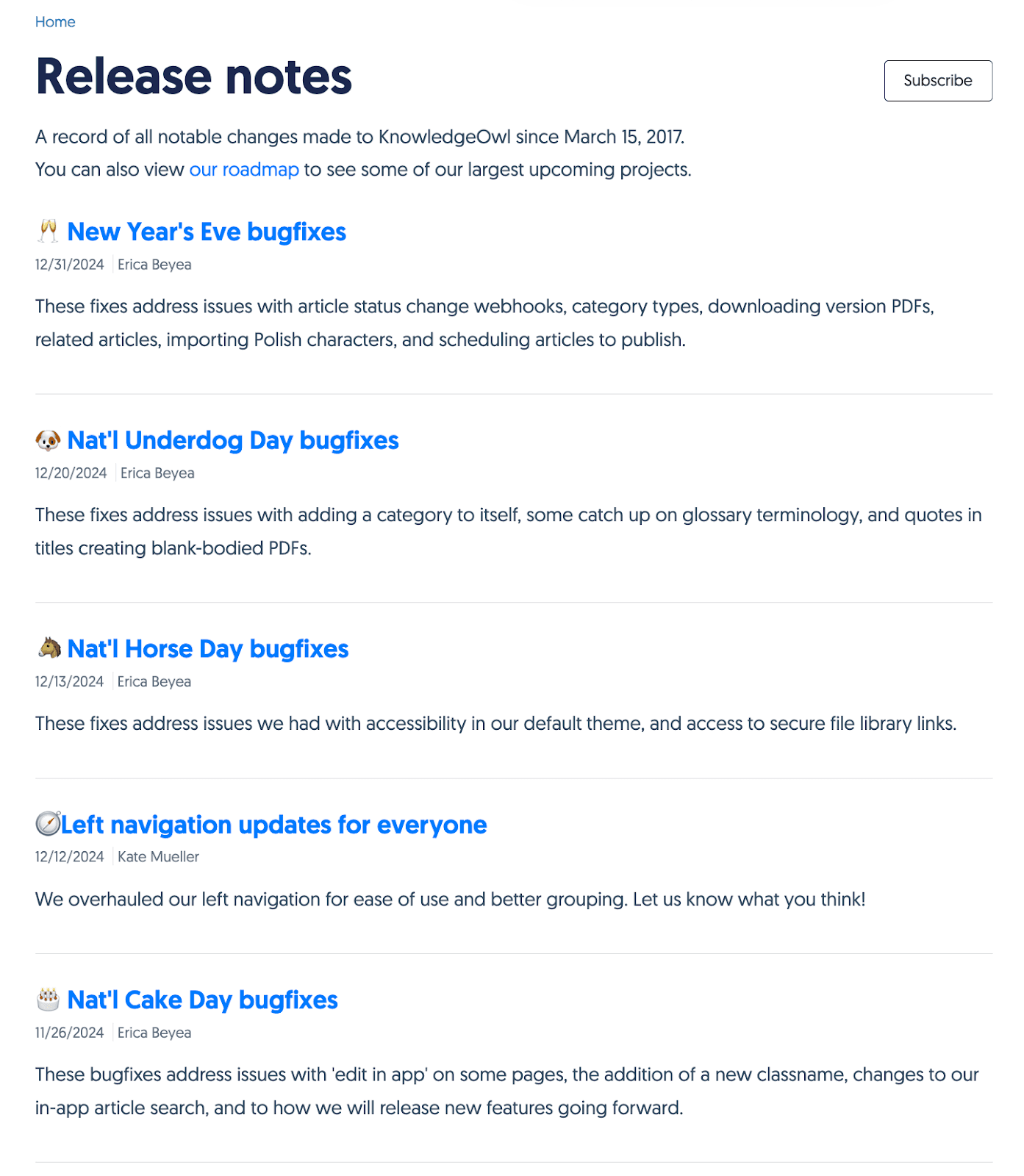 A screenshot of KnowledgeOwl's "Release notes" page