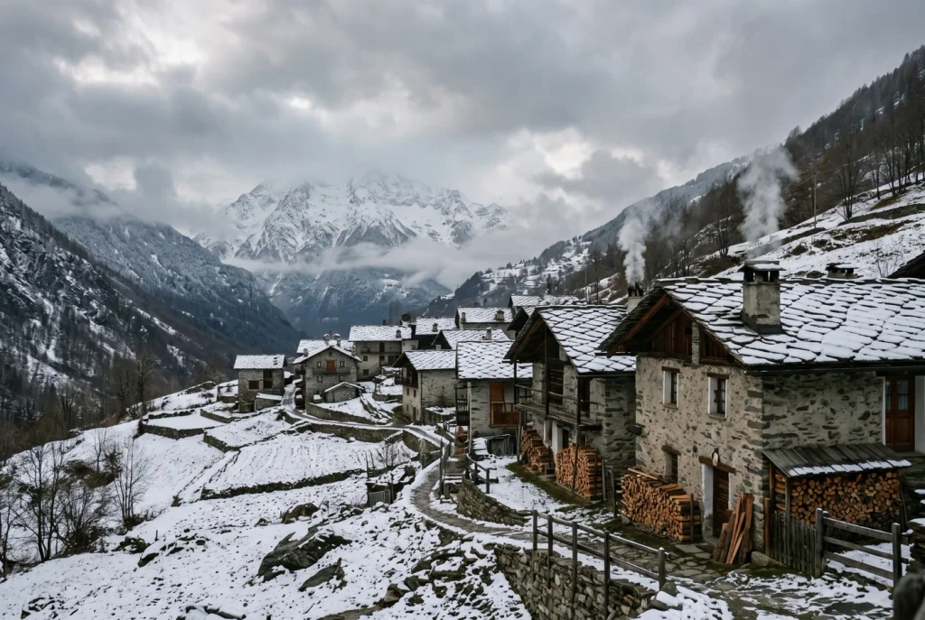 Stone houses under the first snow, smoke rising from a chimney
