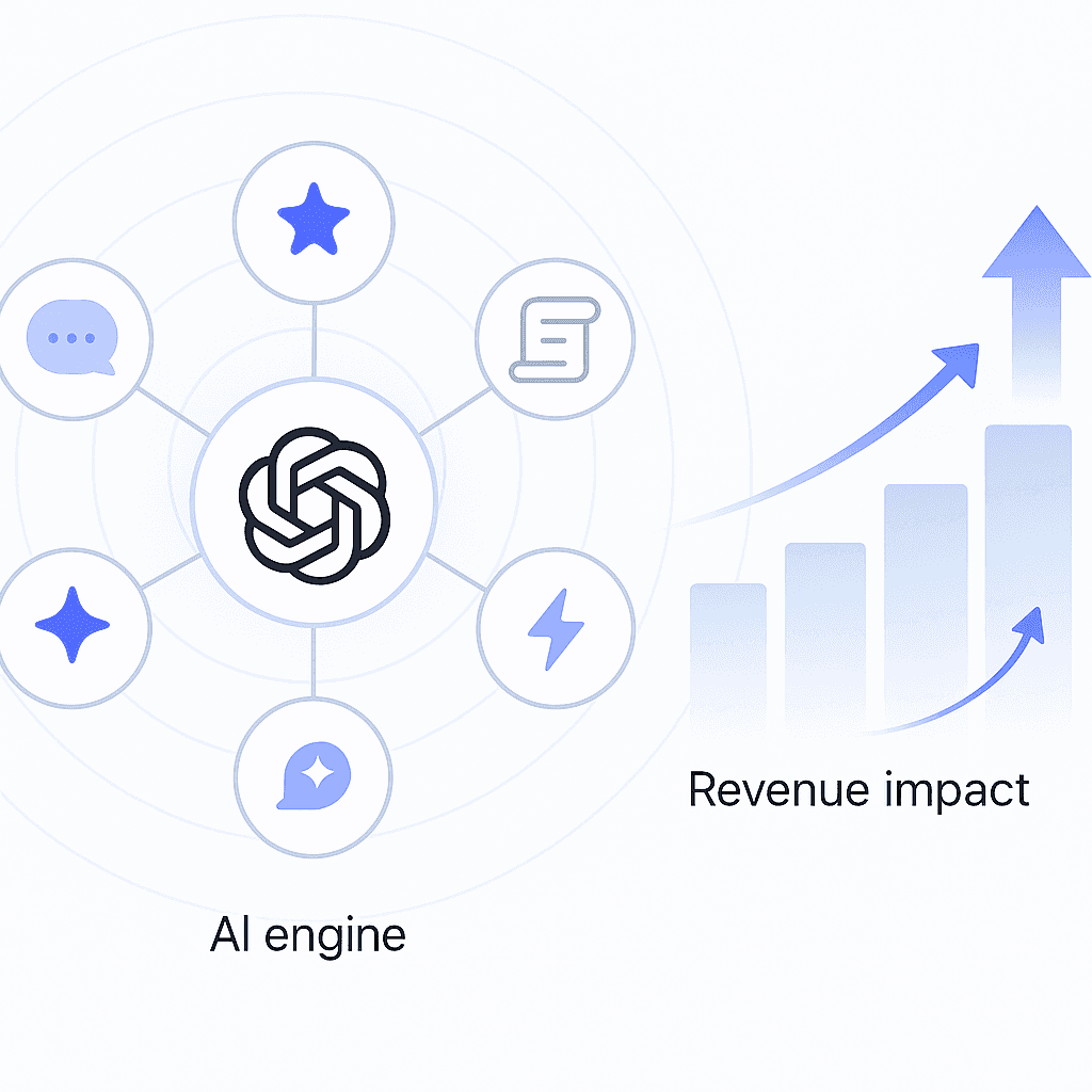 Central platform hub diagram linking to multiple AI engines with arrows toward rising revenue bars