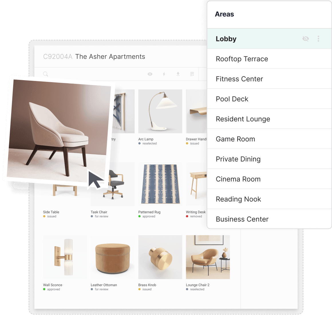 A graphic representation of the Product Board feature which helps interior design teams collect and manage images and selection details in a user-friendly drag and drop pinboard.