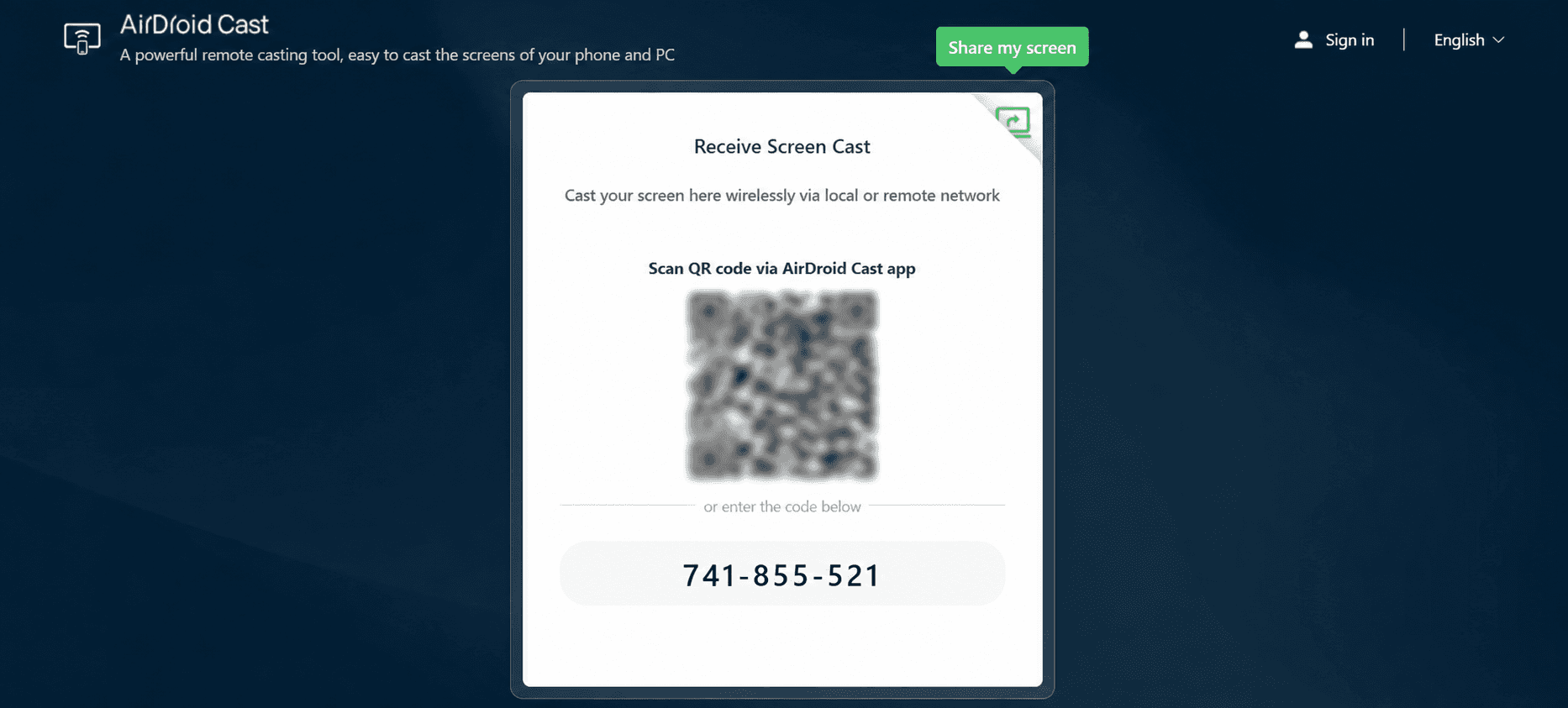 A browser window displaying the AirDroid Cast Web receiver page at webcast.airdroid.com, with a 9-digit cast code input field and a Connect button.