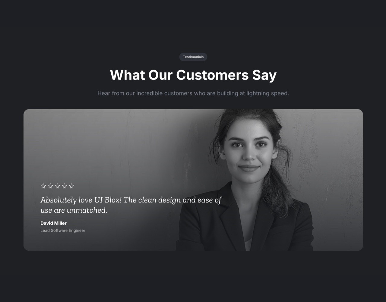 Framer Dark Testimonials Section - Frameblox UI