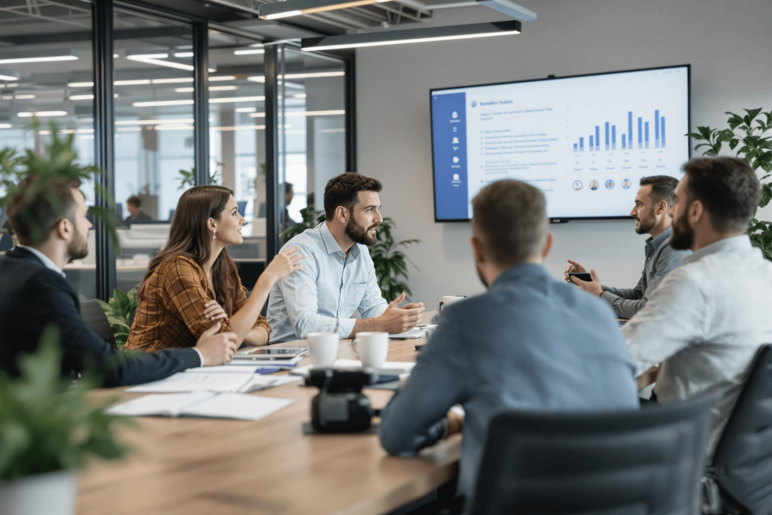 Clients and employees in a conference room discussing cases