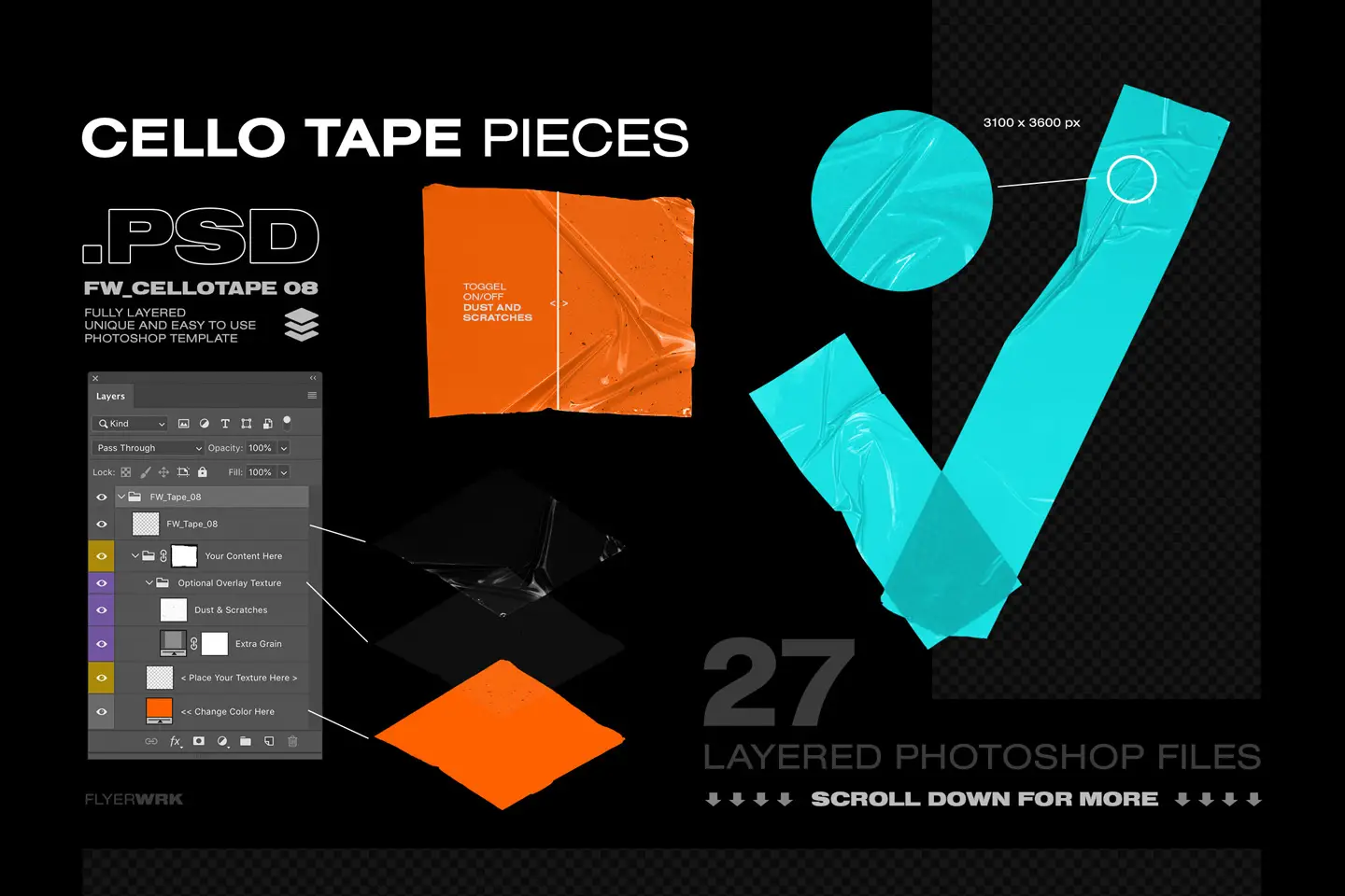Isolated Adhesive Tape Pieces layered PSD template with editable colors and realistic dust and scratch details