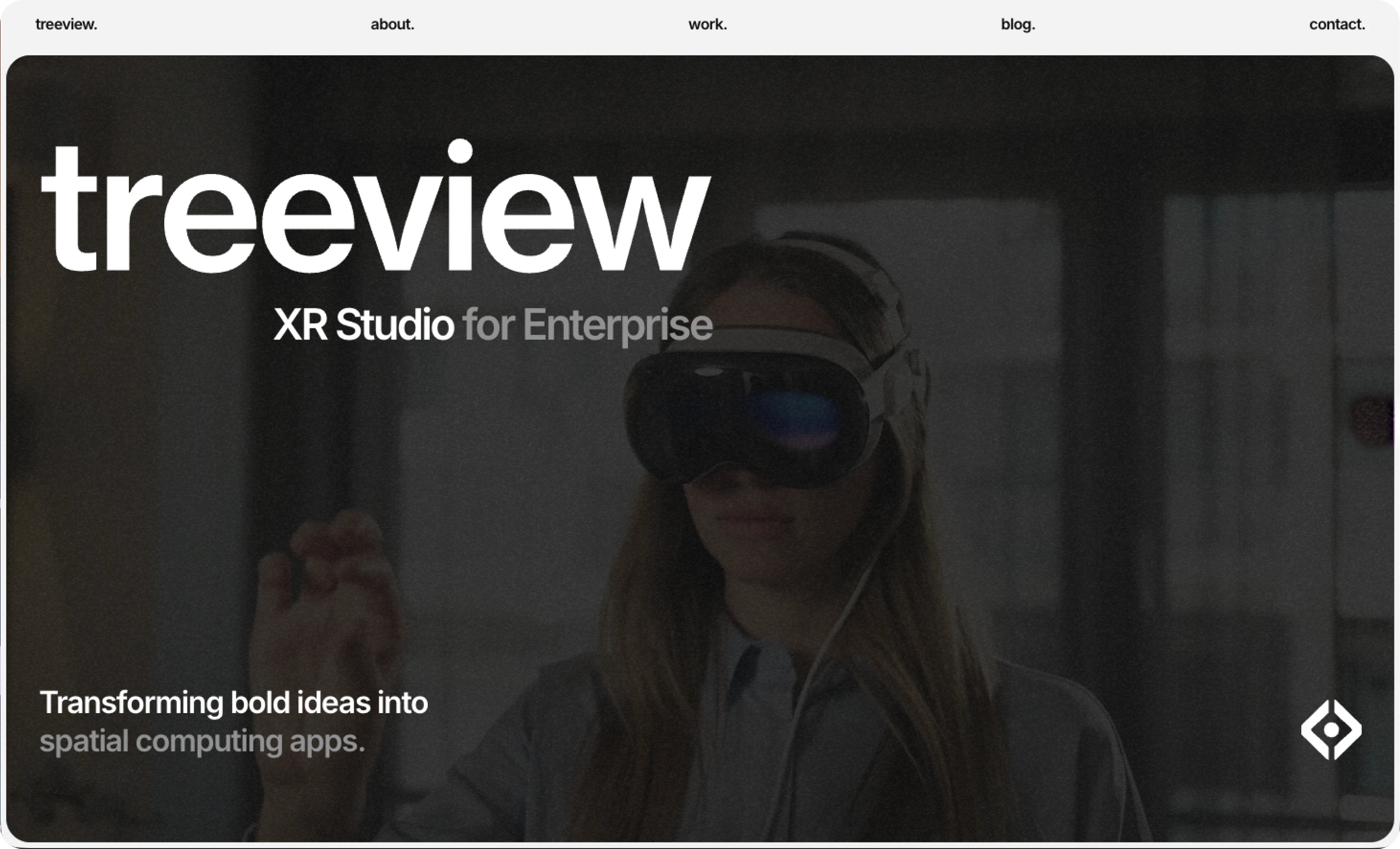 Treeview enterprise XR studio homepage showing a person wearing Apple Vision Pro headset, with the tagline XR Studio for Enterprise
