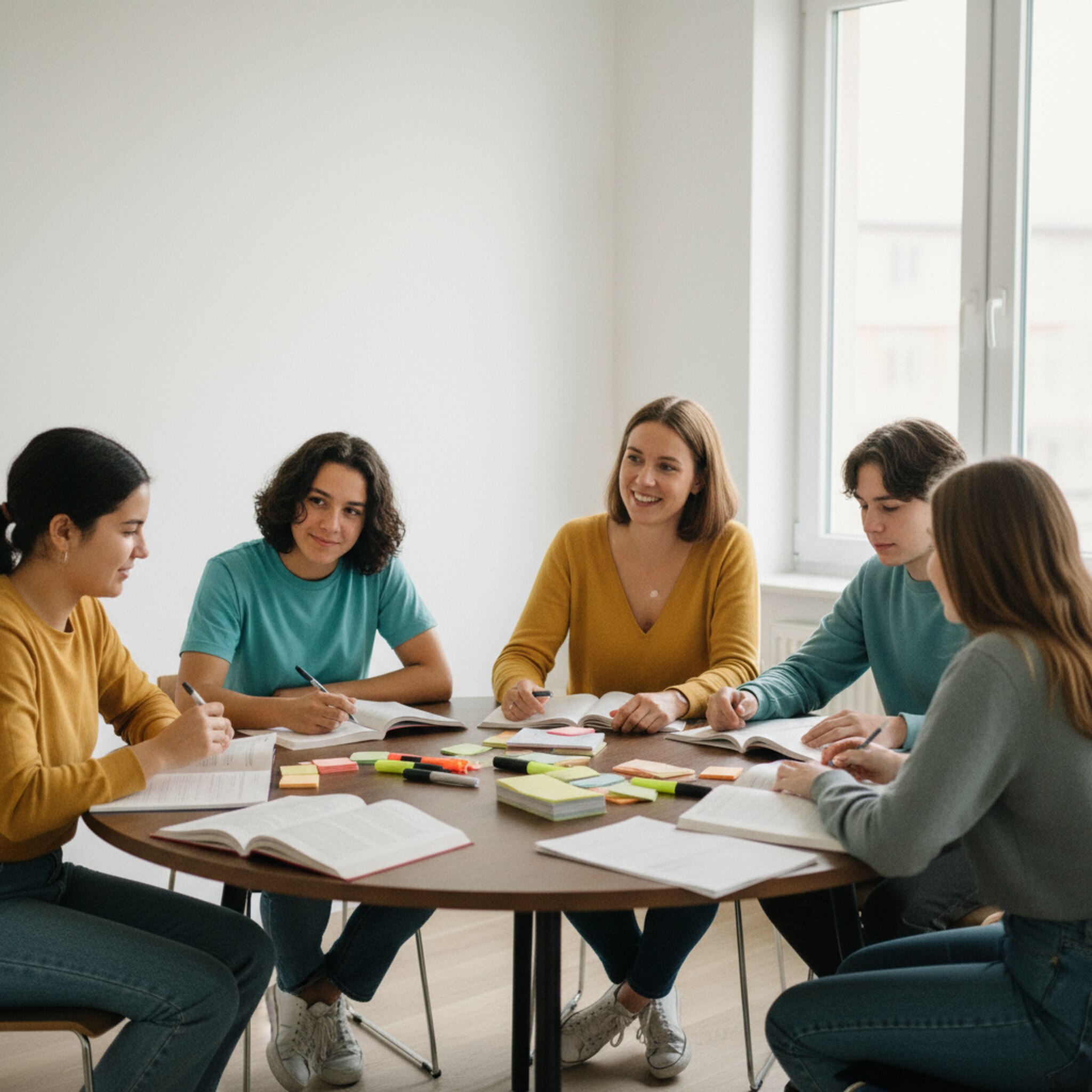 Ein runder Tisch mit vier Jugendlichen und einer Tutorin, die gemeinsam Aufgaben zur Abiturvorbereitung besprechen. Karteikarten, farbige Textmarker und ein aufgeschlagenes Lehrbuch liegen bereit. Ein Fenster lässt warmes Tageslicht herein. Die Gruppe nickt zustimmend, als ein schwieriges Konzept endlich klickt.