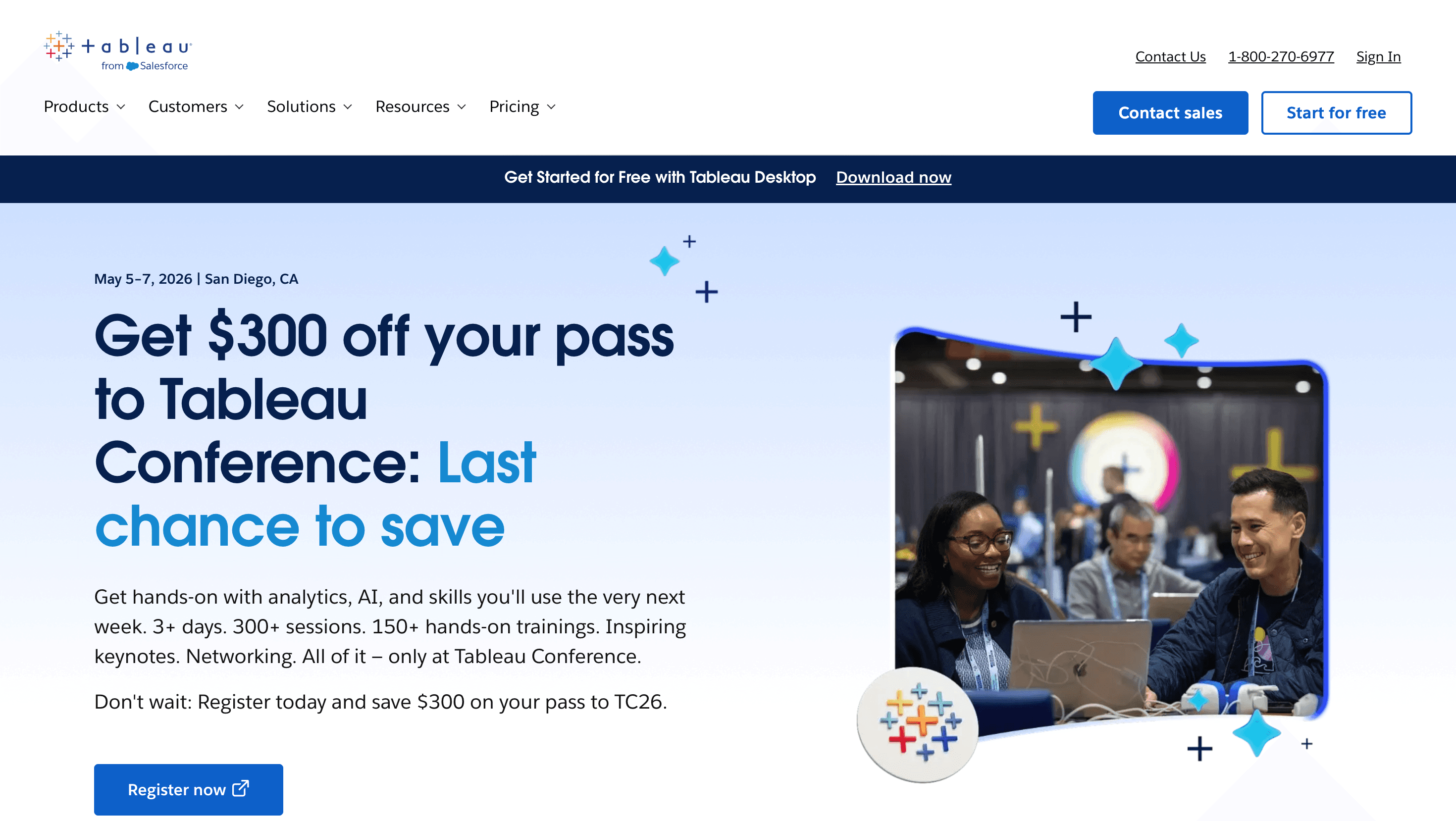 Tableau analytics platform homepage promoting Tableau Conference with dashboard visualization and analytics collaboration features.