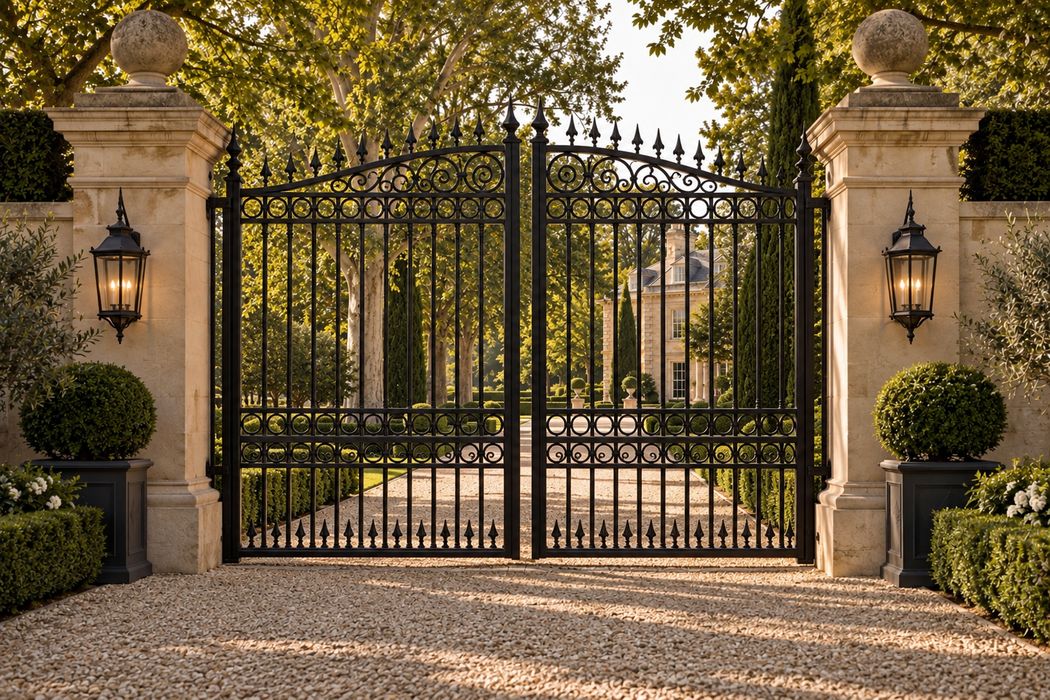 Wrought-iron gates opening onto a private drive