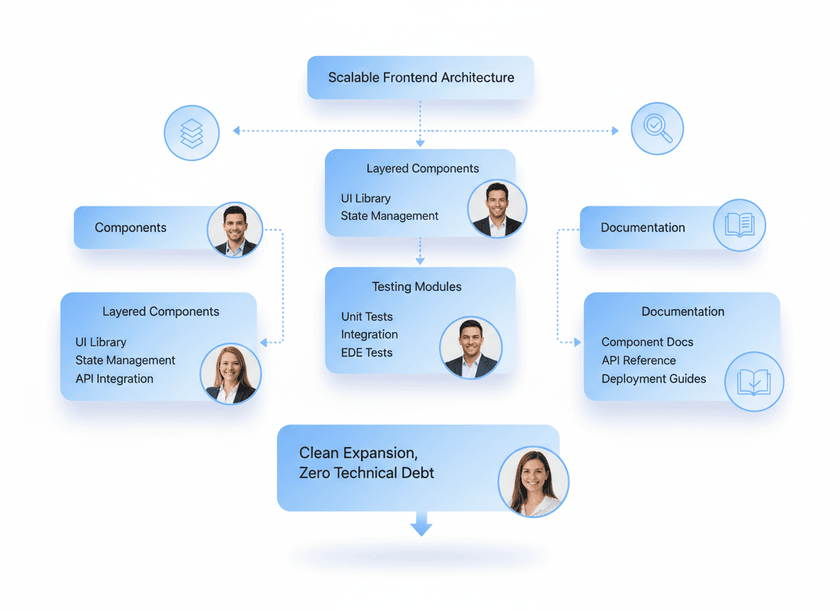 Scalable frontend architecture with clean component structure, testing layers, and long-term maintainable codebase
