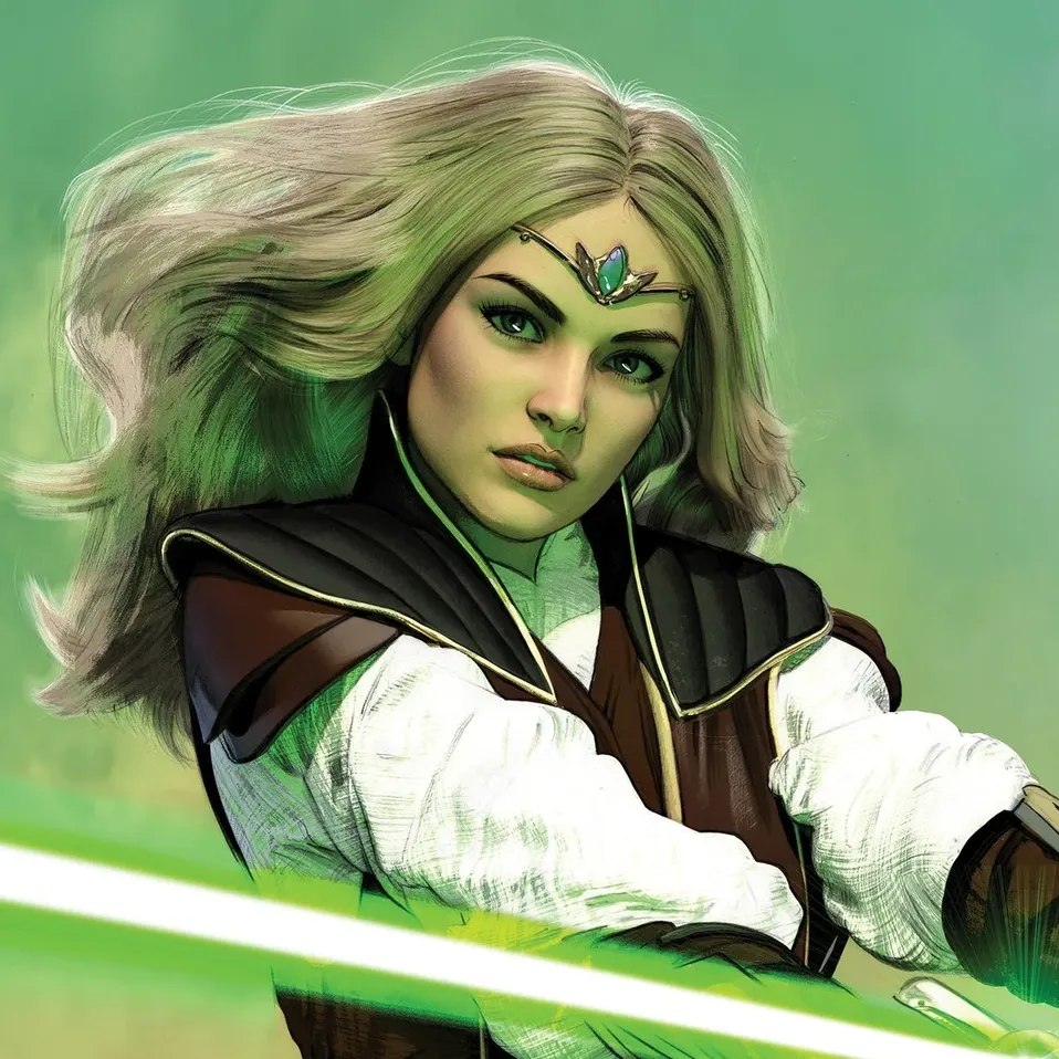 Jedi Master Avar Kriss with blonde hair and a jeweled diadem holding a green lightsaber